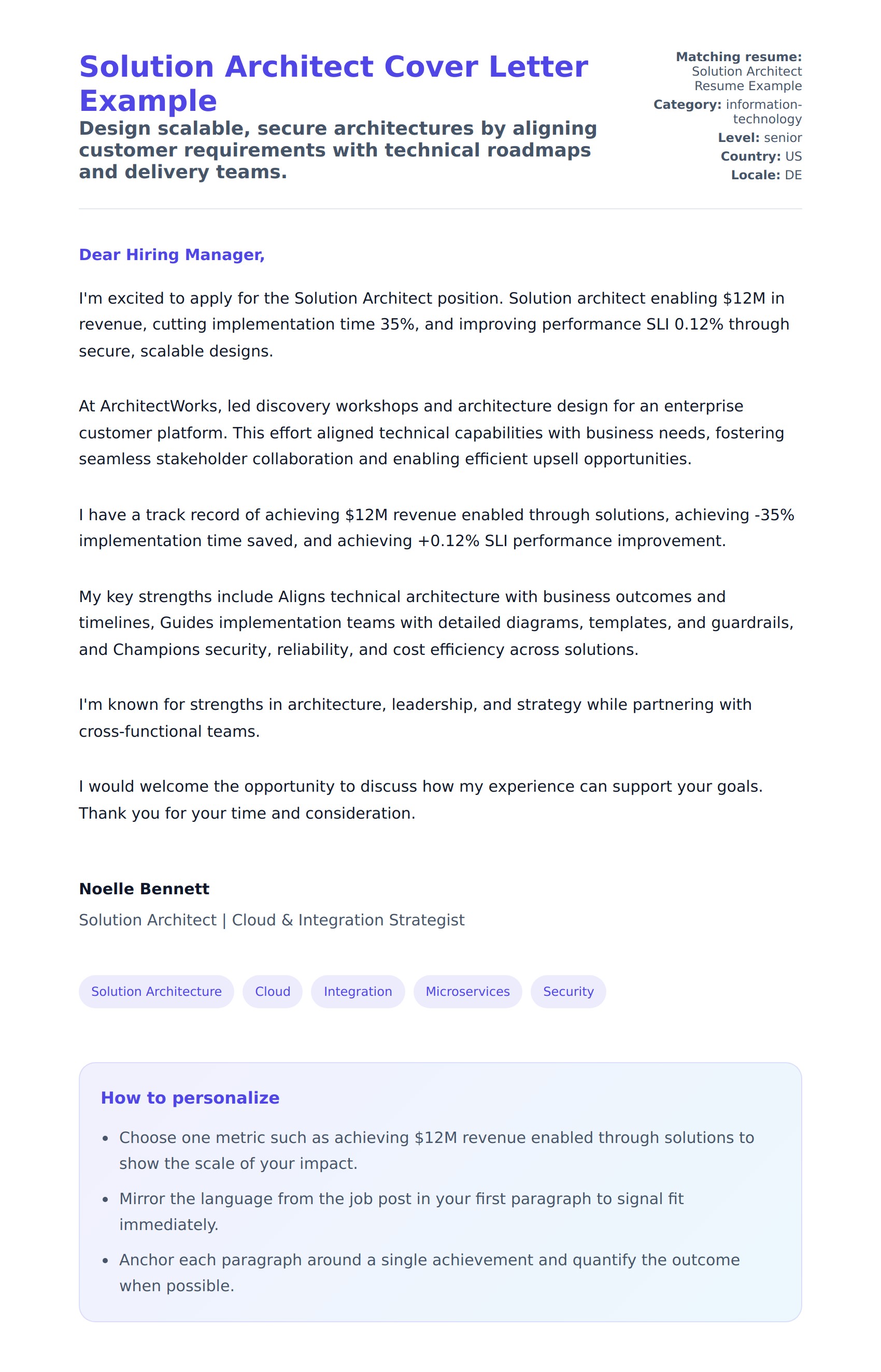 Cover Letter preview for Solution Architect Cover Letter Example