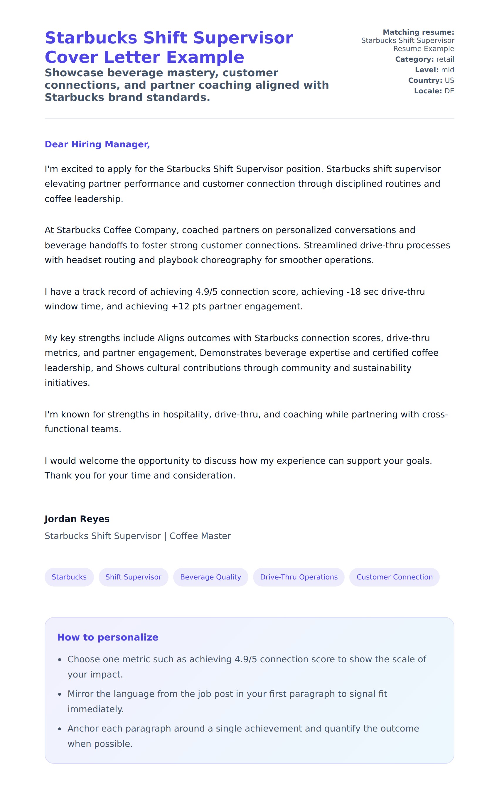 Cover Letter preview for Starbucks Shift Supervisor Cover Letter Example