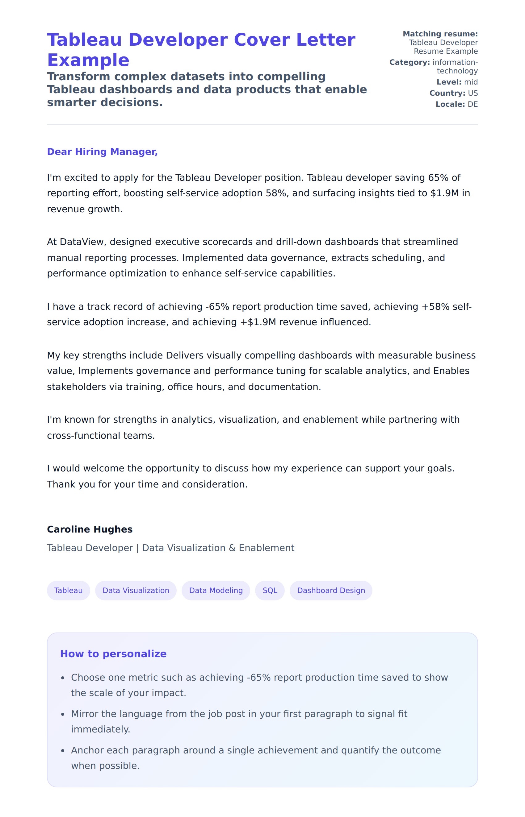 Cover Letter preview for Tableau Developer Cover Letter Example