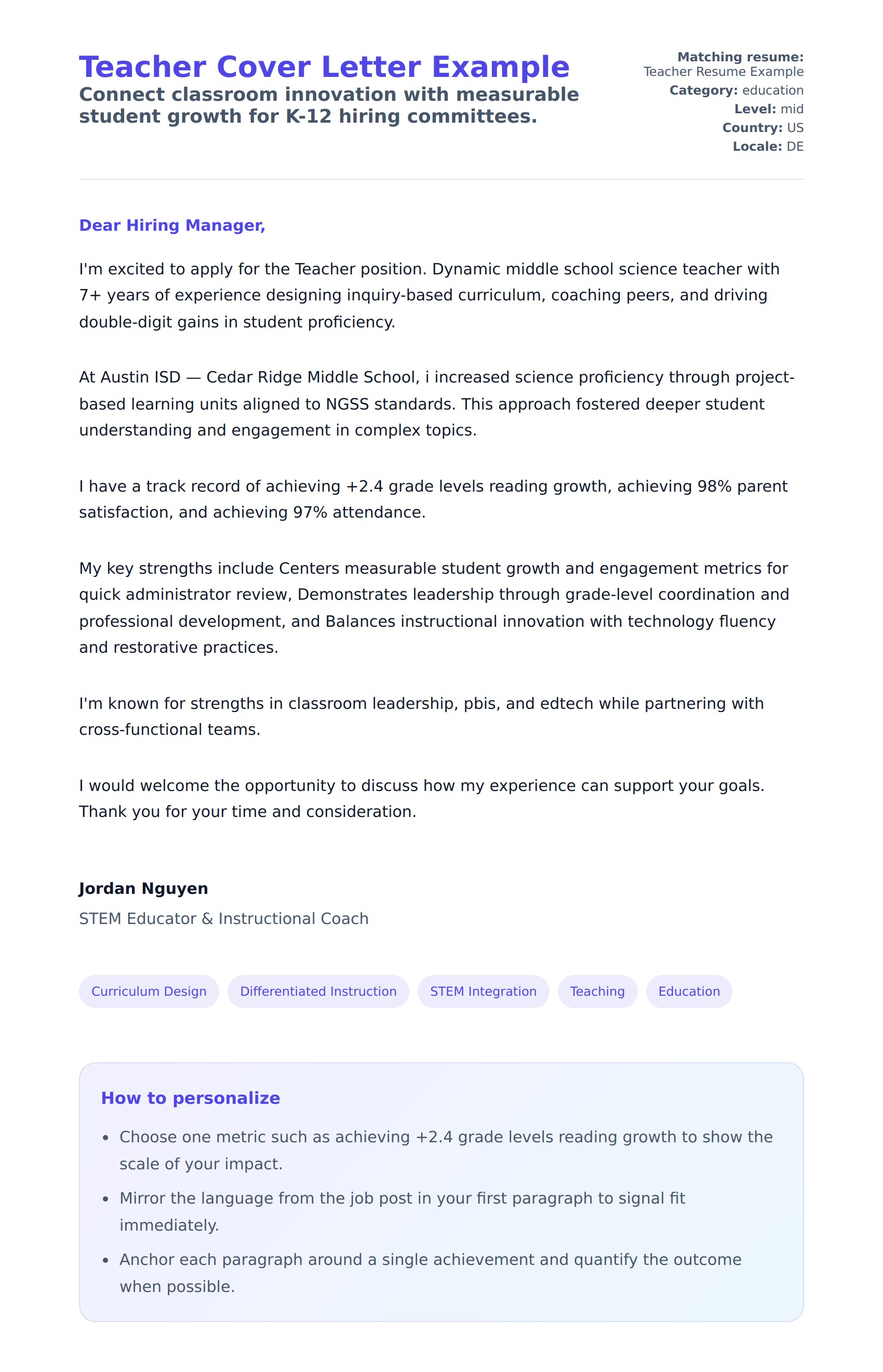 Cover Letter preview for Teacher Cover Letter Example