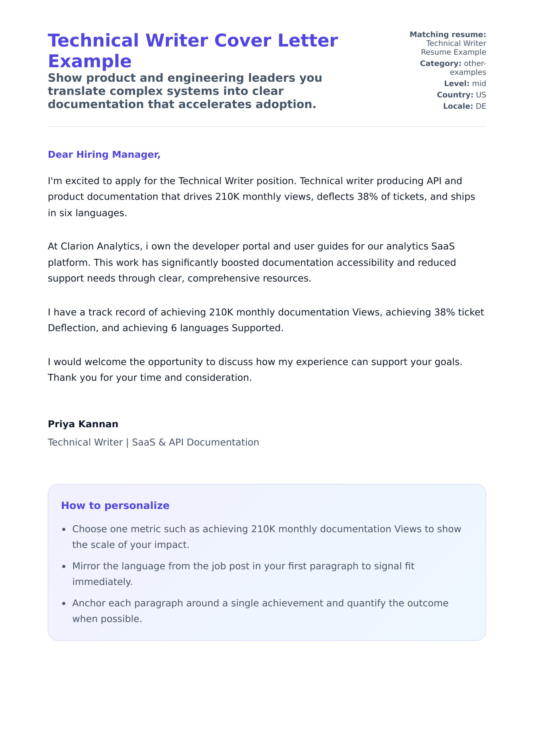 Cover Letter preview for Technical Writer Cover Letter Example