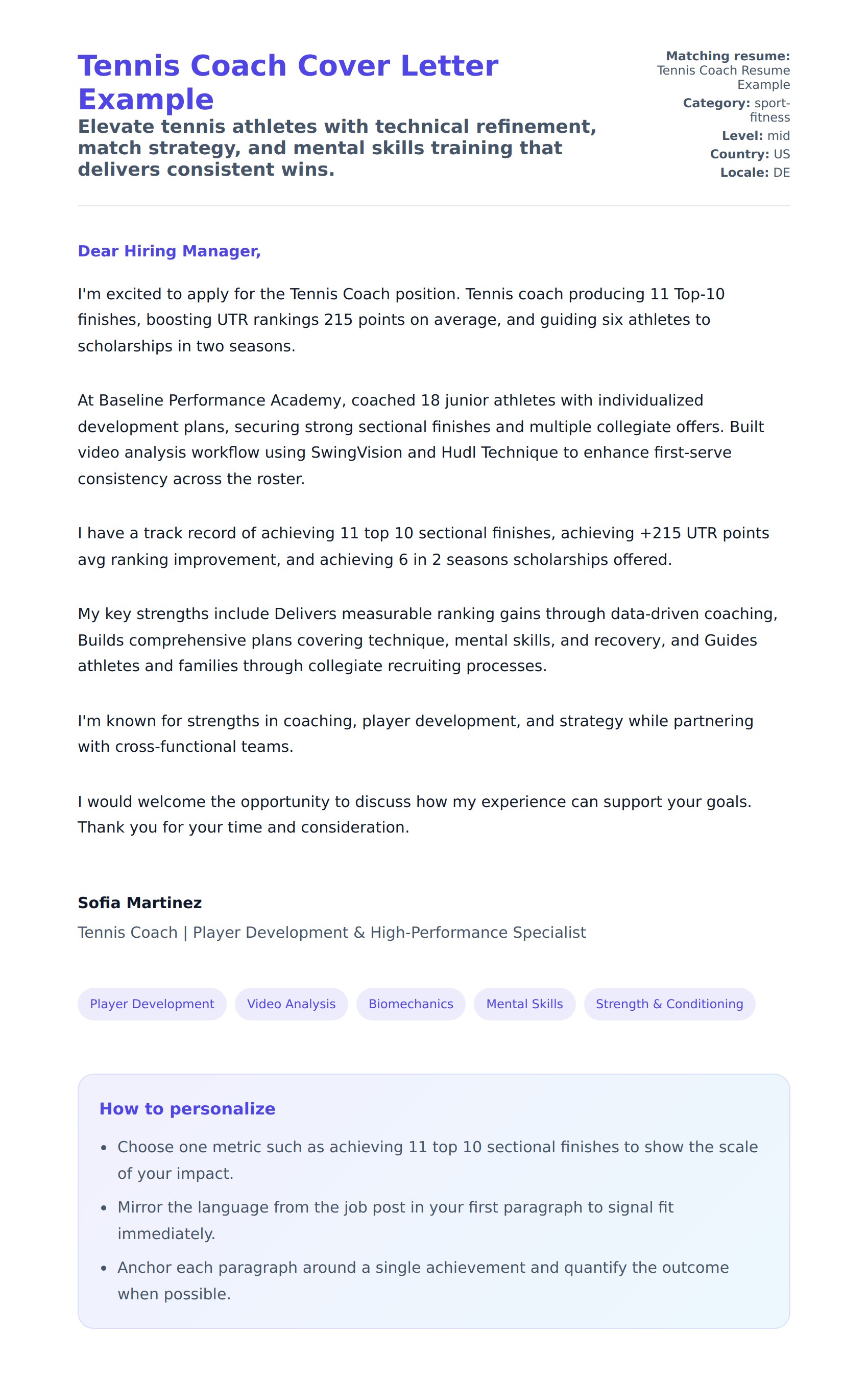 Cover Letter preview for Tennis Coach Cover Letter Example