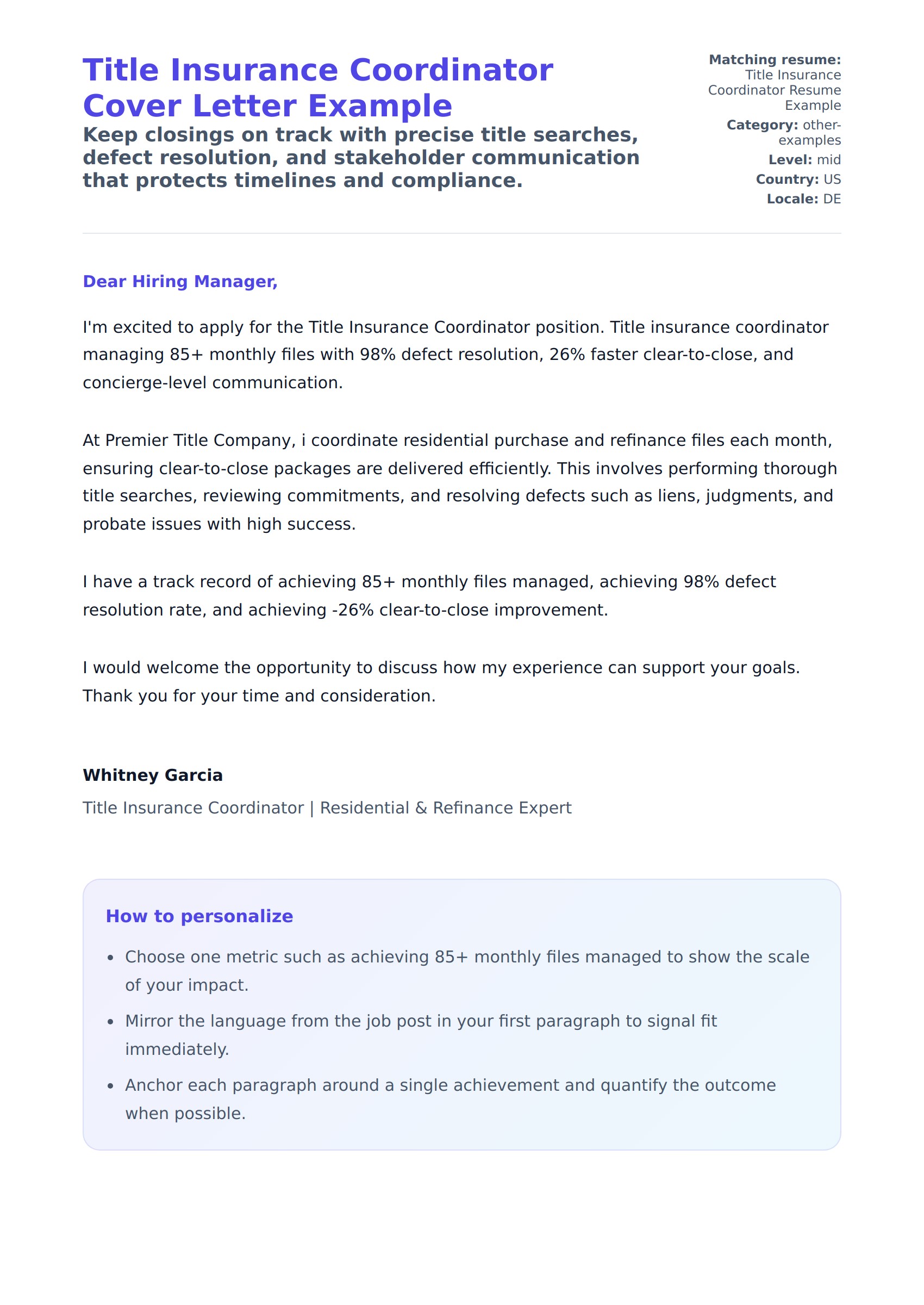 Cover Letter preview for Title Insurance Coordinator Cover Letter Example