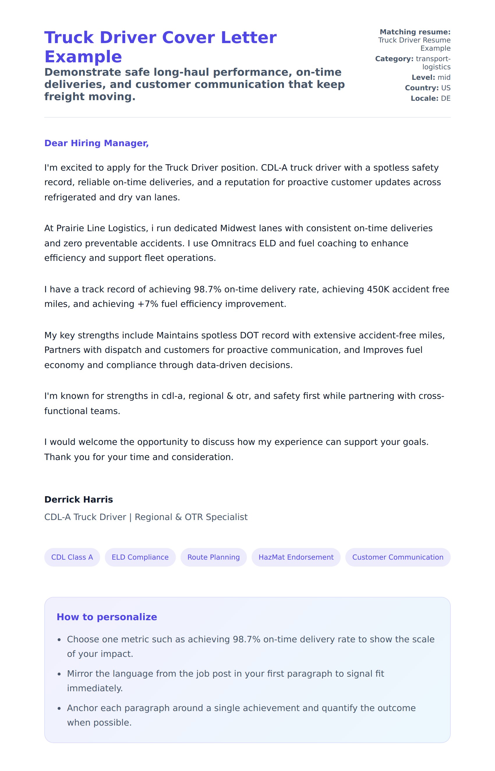Cover Letter preview for Truck Driver Cover Letter Example