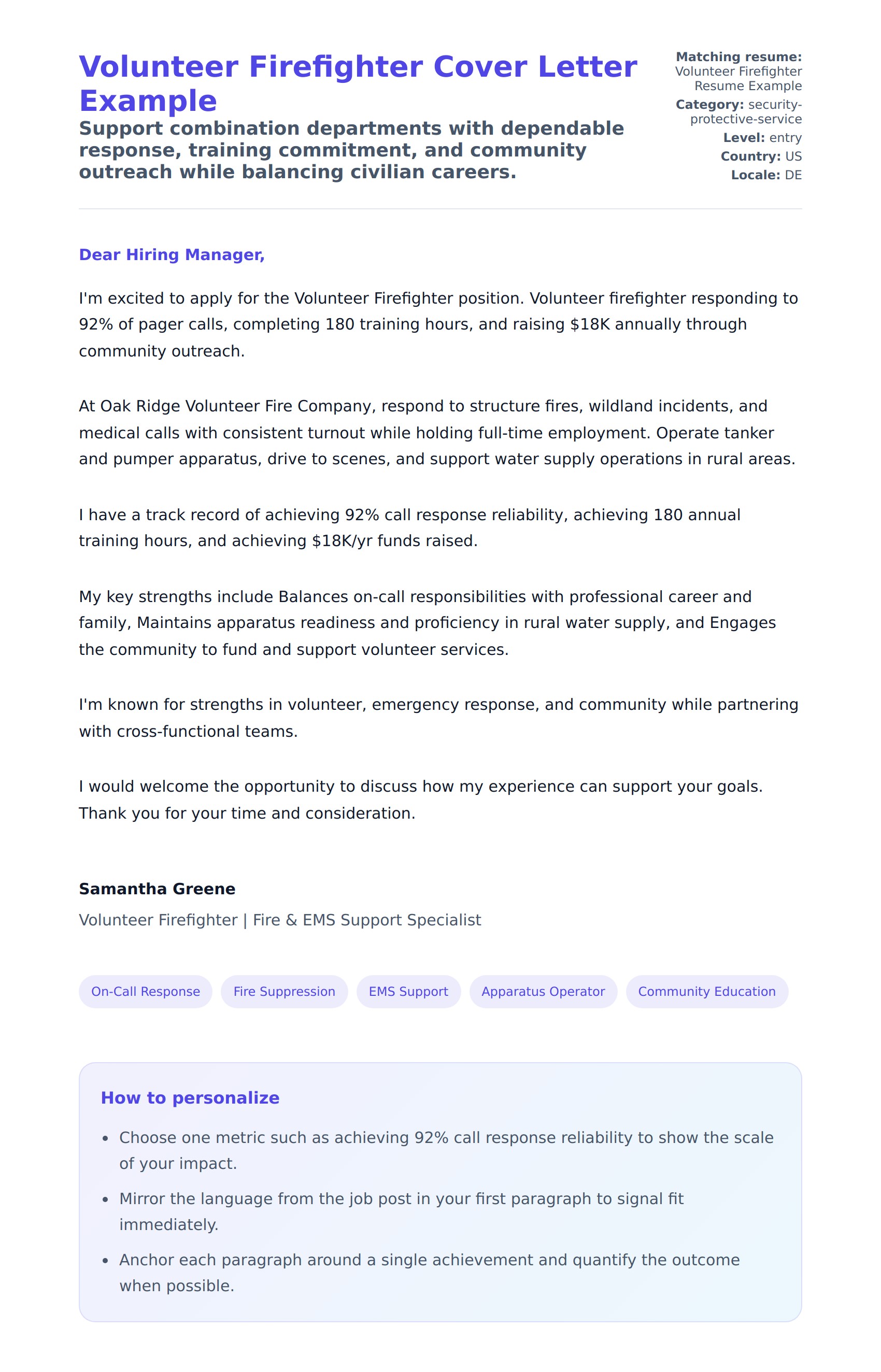 Cover Letter preview for Volunteer Firefighter Cover Letter Example