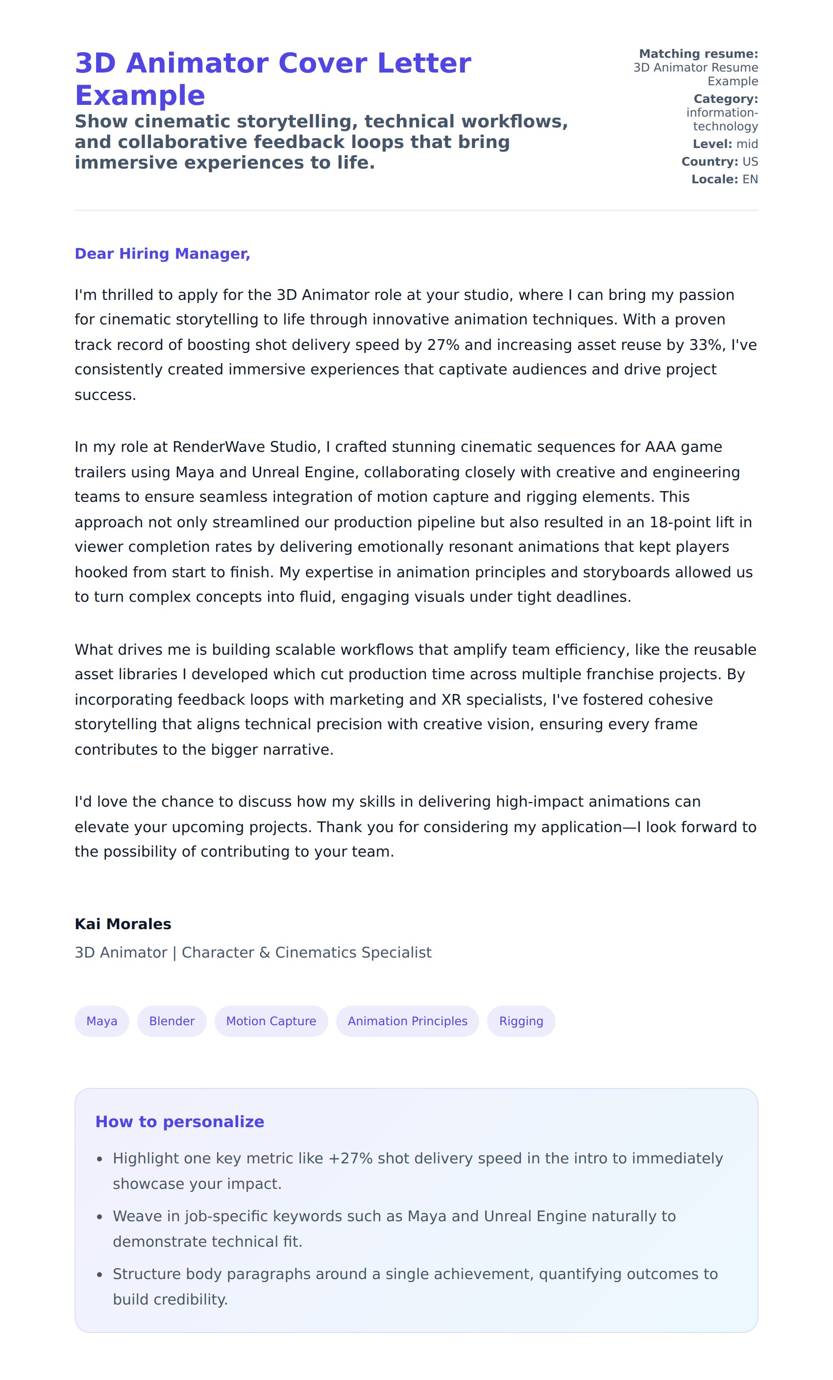Cover Letter preview for 3D Animator Cover Letter Example