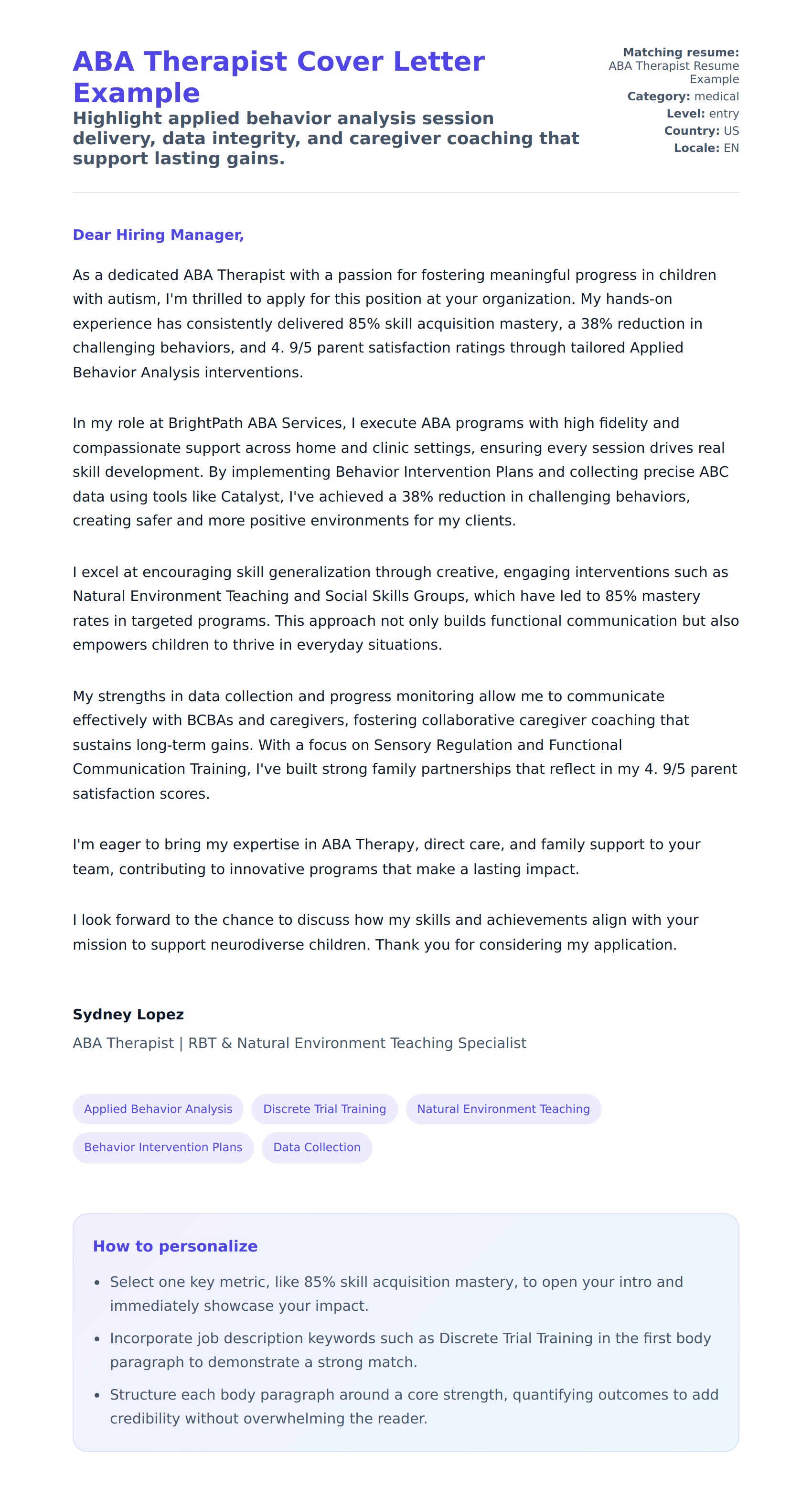 Cover Letter preview for ABA Therapist Cover Letter Example