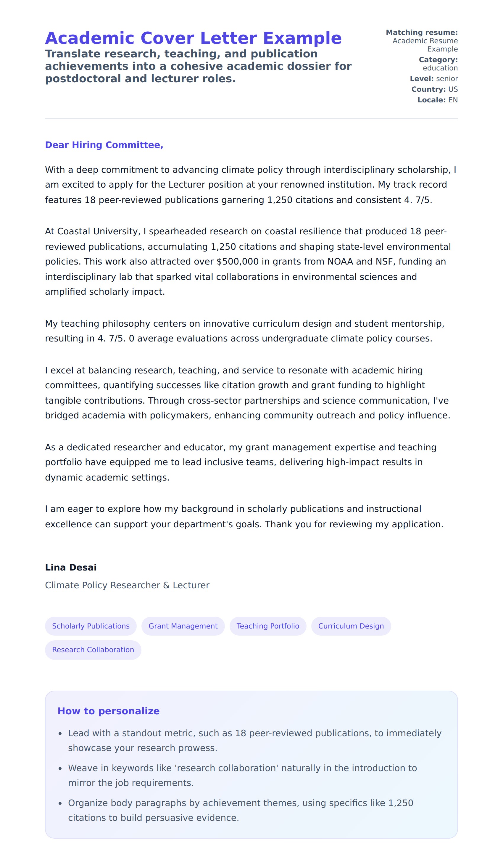Cover Letter preview for Academic Cover Letter Example