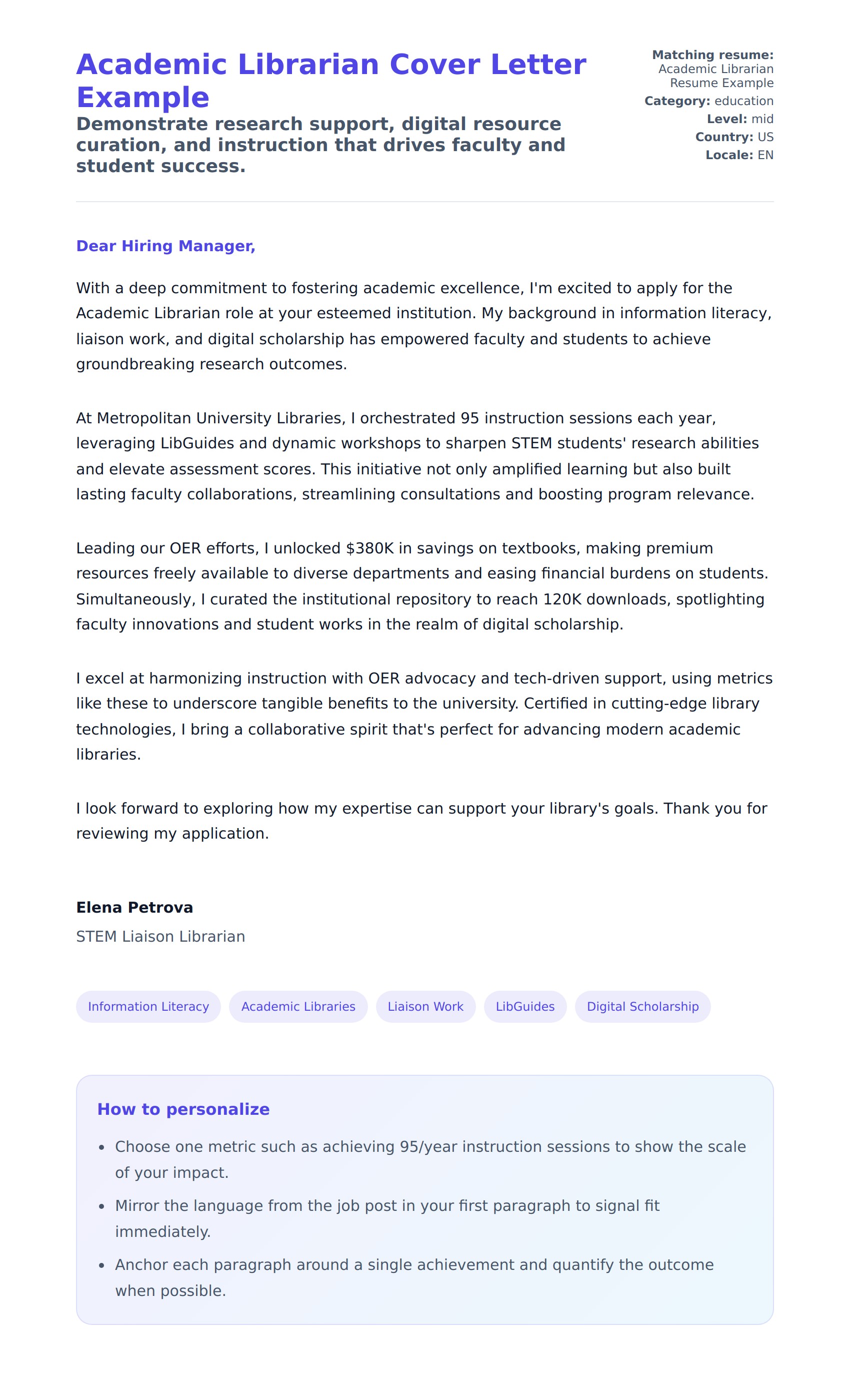 Cover Letter preview for Academic Librarian Cover Letter Example