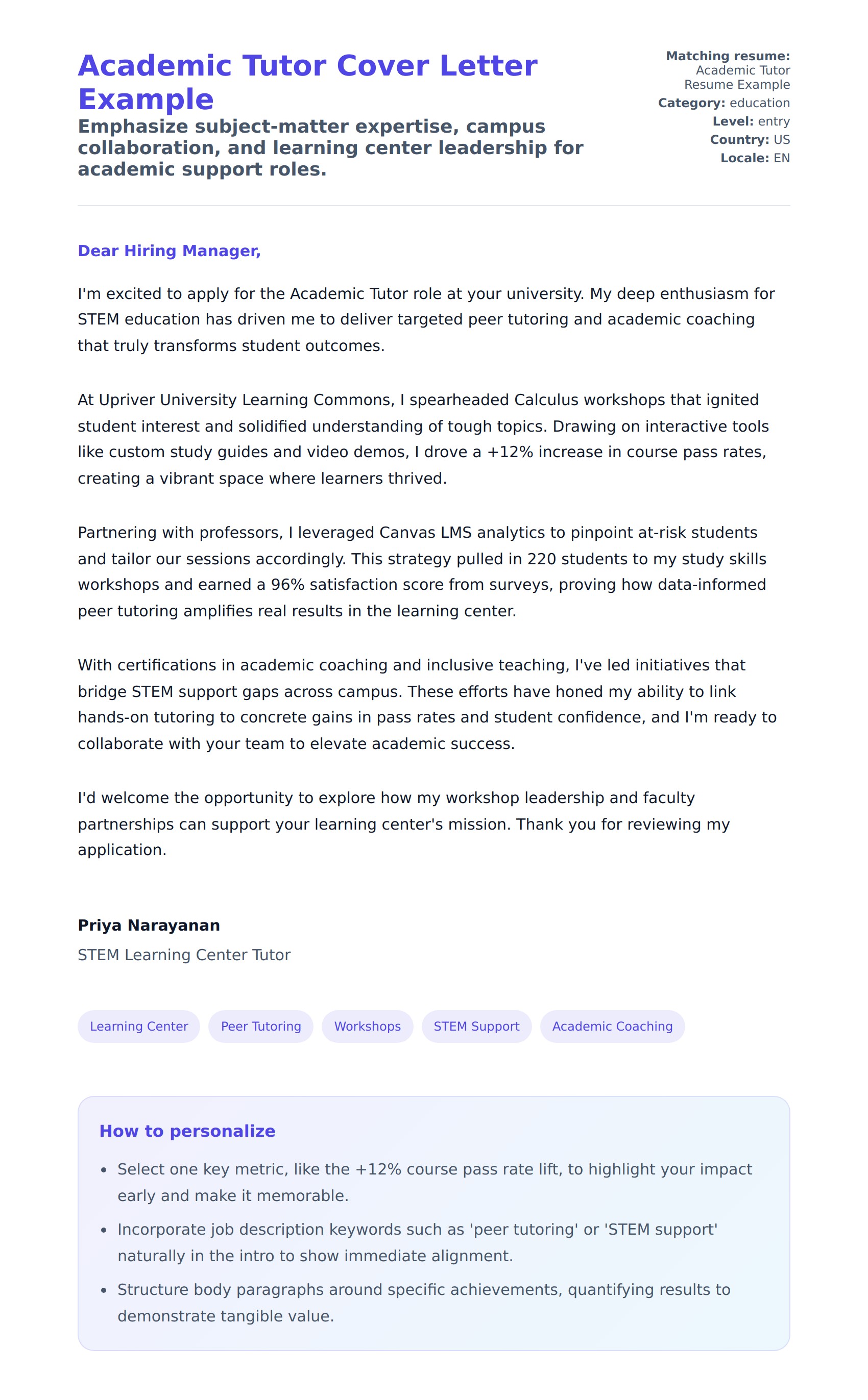 Cover Letter preview for Academic Tutor Cover Letter Example