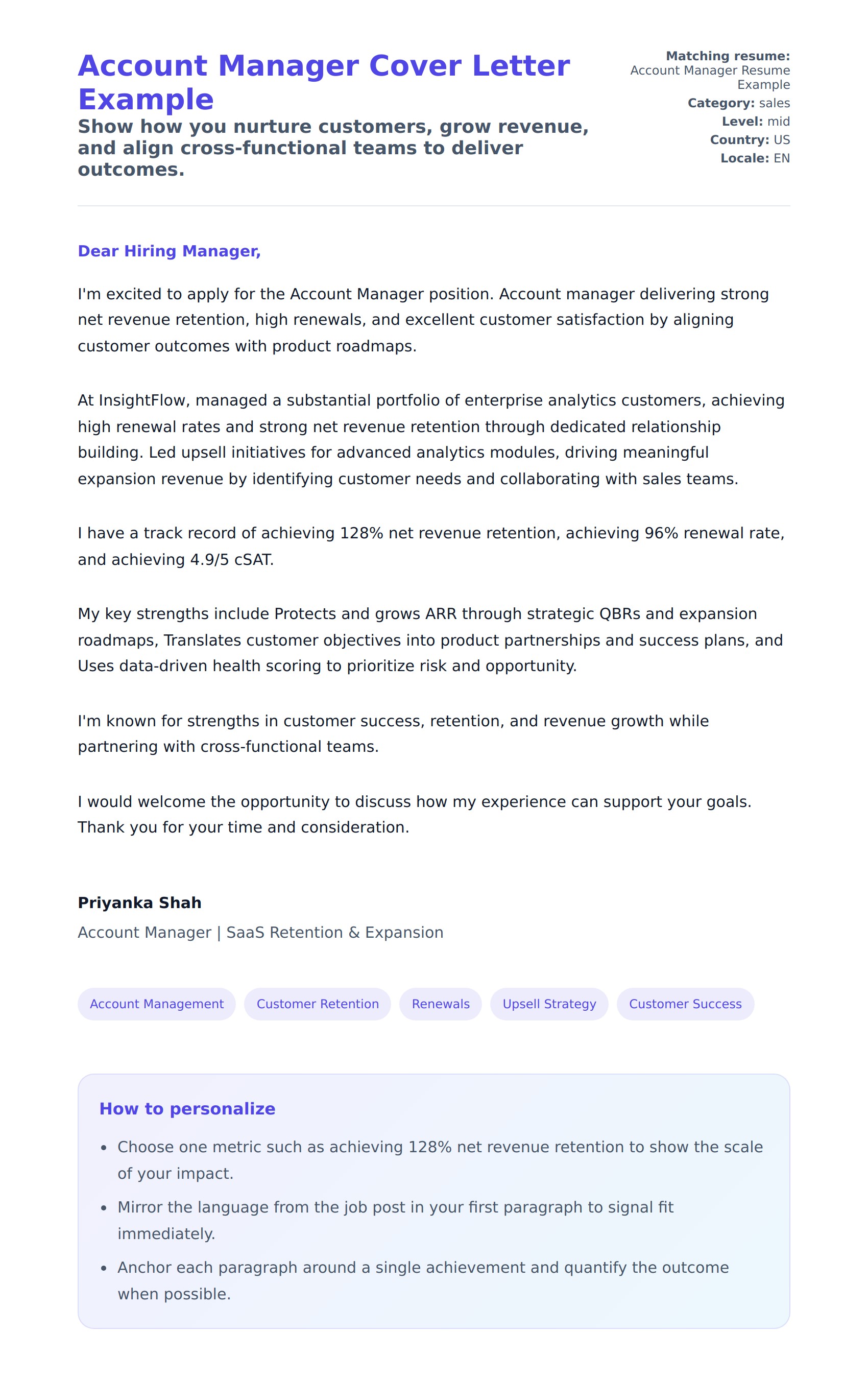Cover Letter preview for Account Manager Cover Letter Example