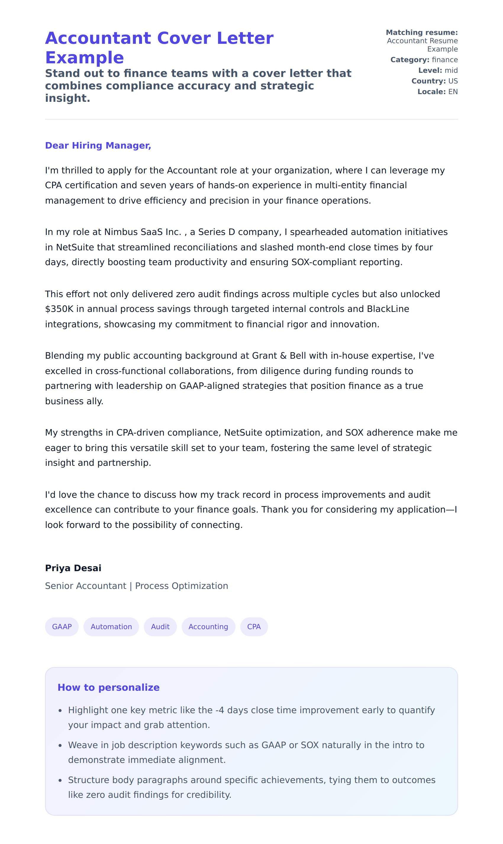 Cover Letter preview for Accountant Cover Letter Example