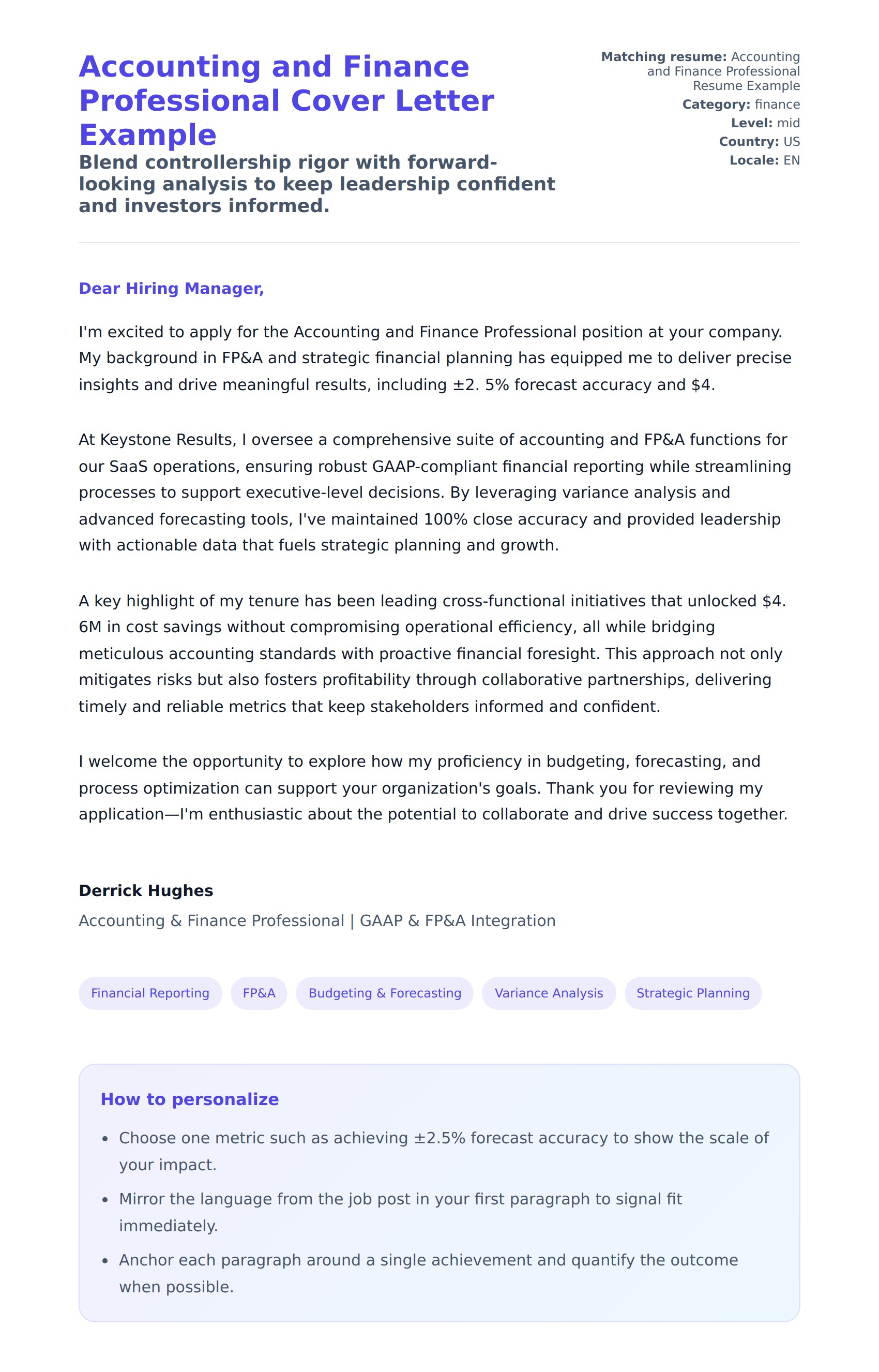 Cover Letter preview for Accounting and Finance Professional Cover Letter Example