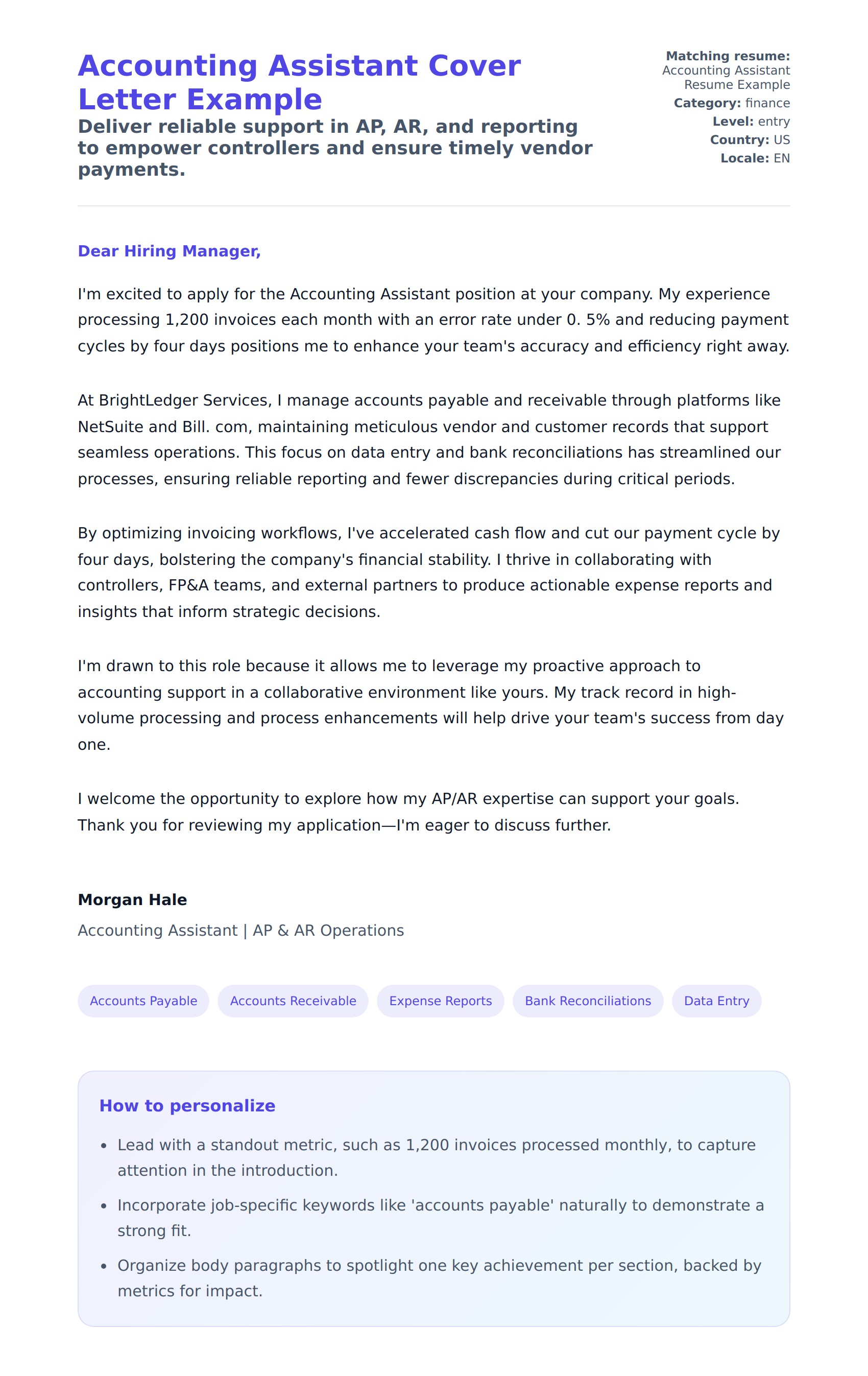 Cover Letter preview for Accounting Assistant Cover Letter Example