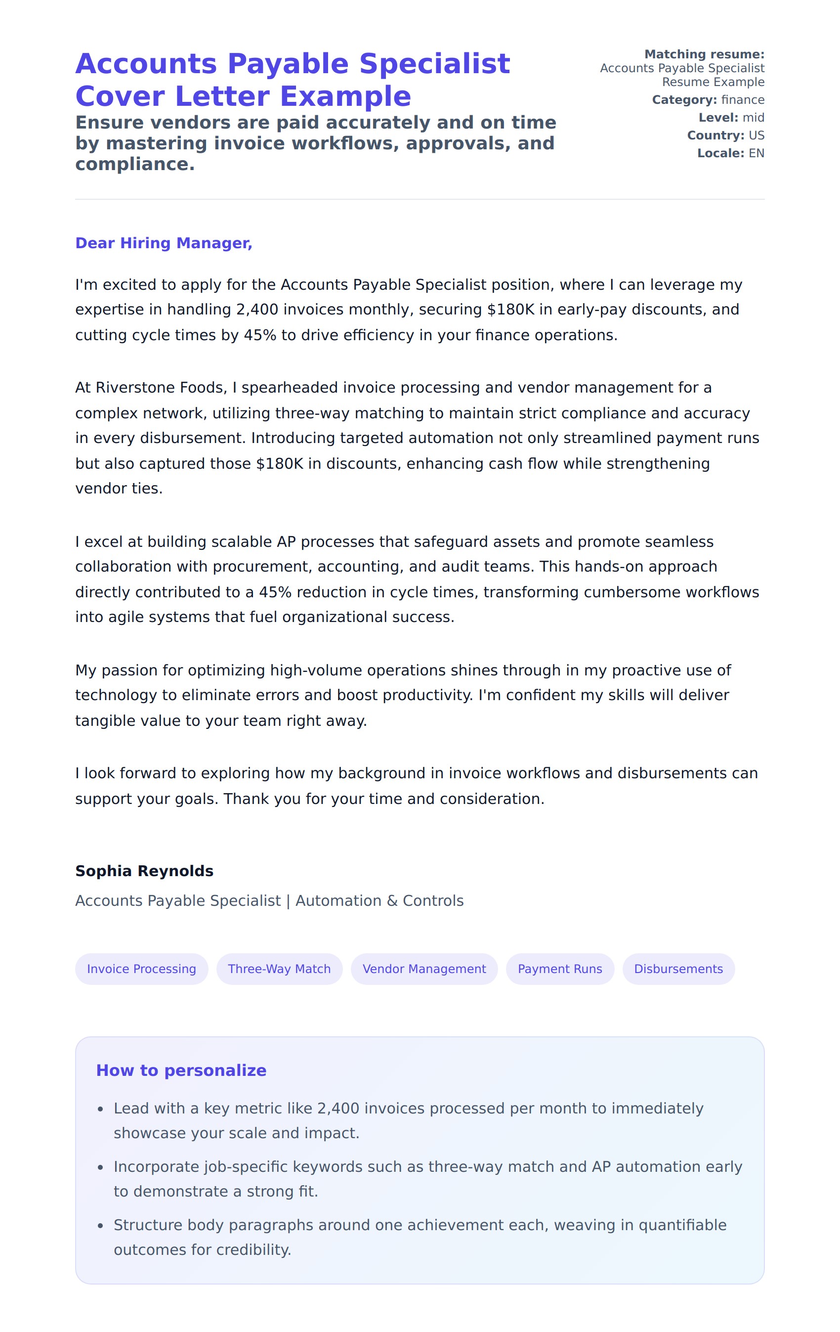 Cover Letter preview for Accounts Payable Specialist Cover Letter Example