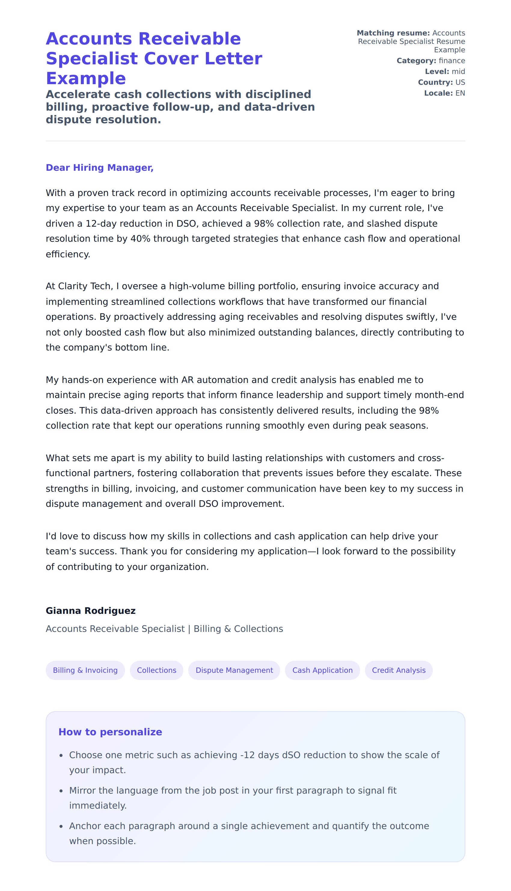 Cover Letter preview for Accounts Receivable Specialist Cover Letter Example