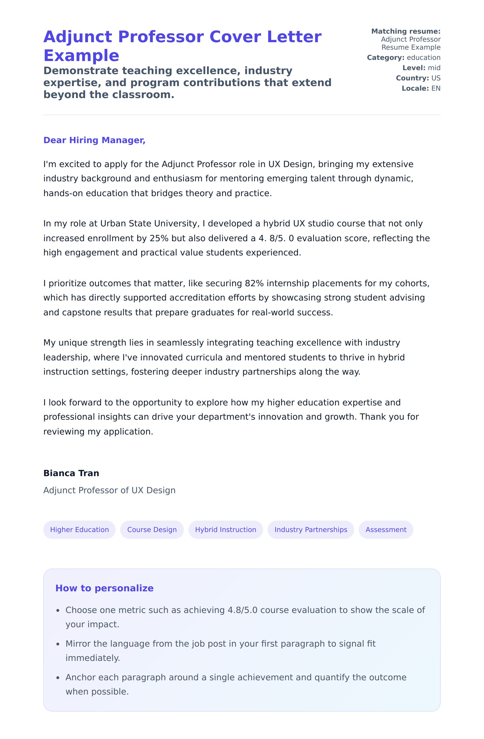 Cover Letter preview for Adjunct Professor Cover Letter Example