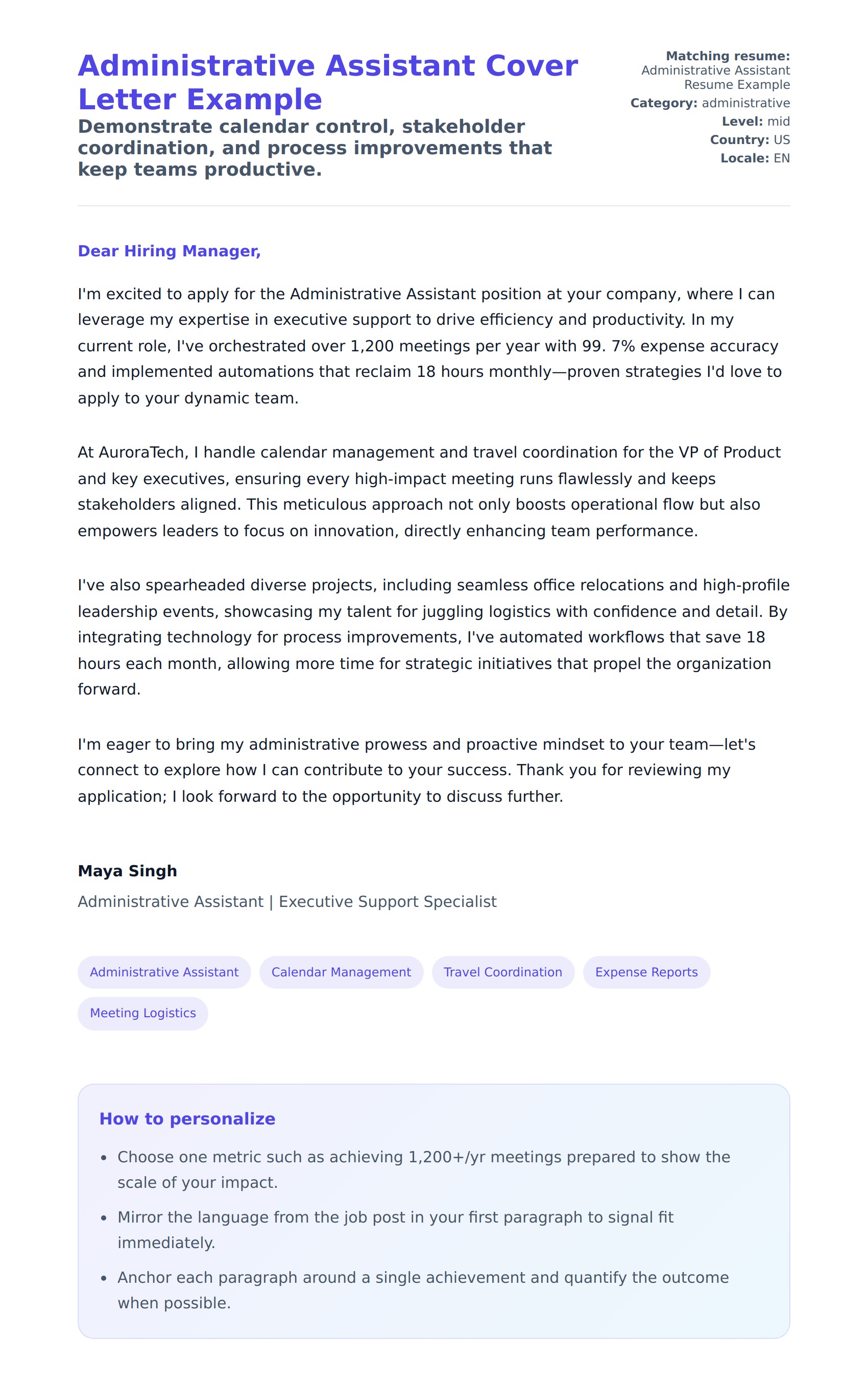 Cover Letter preview for Administrative Assistant Cover Letter Example
