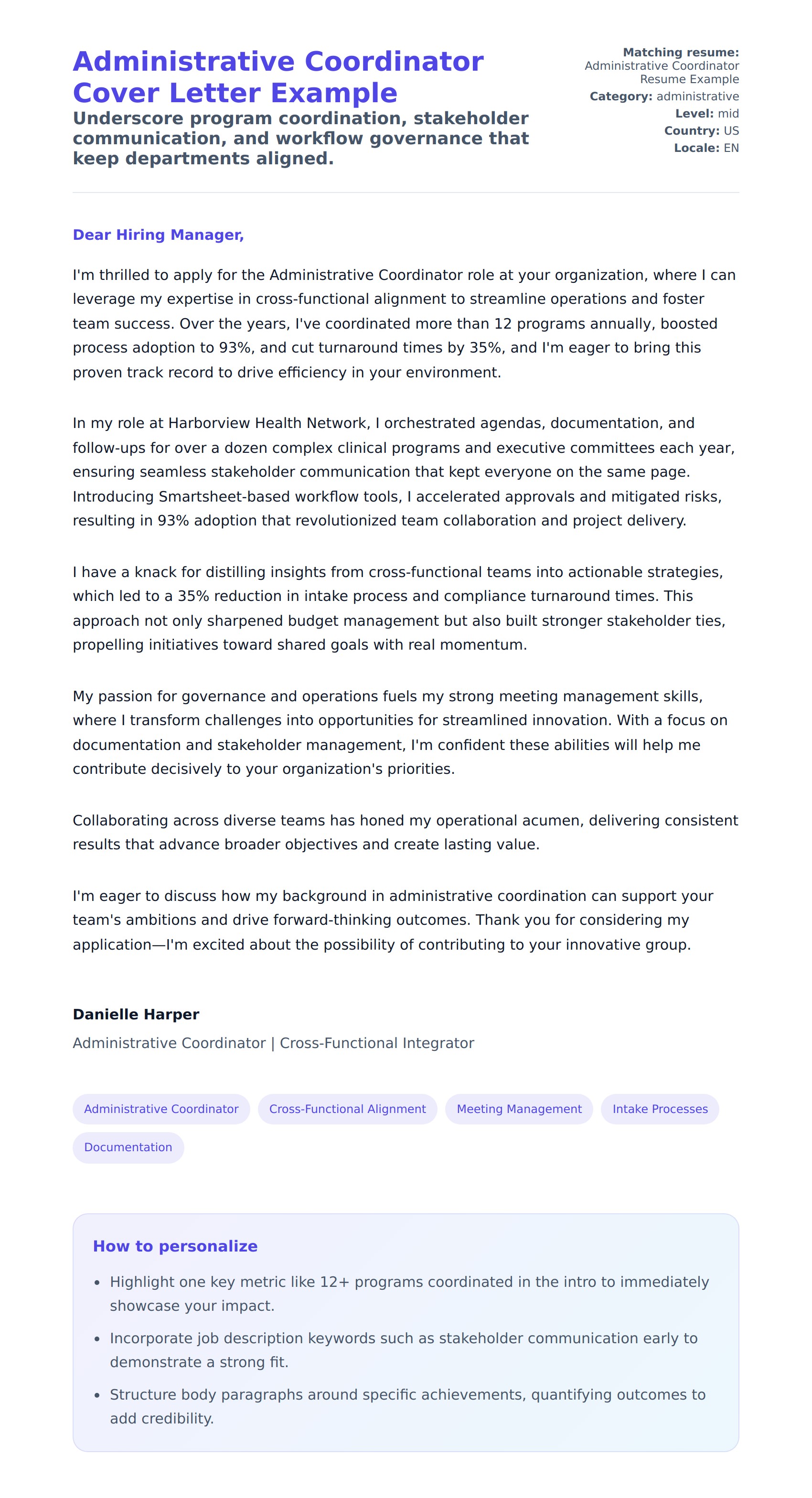 Cover Letter preview for Administrative Coordinator Cover Letter Example