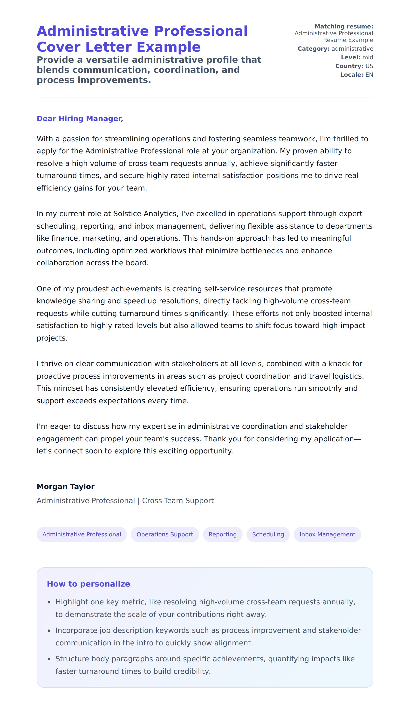 Cover Letter preview for Administrative Professional Cover Letter Example