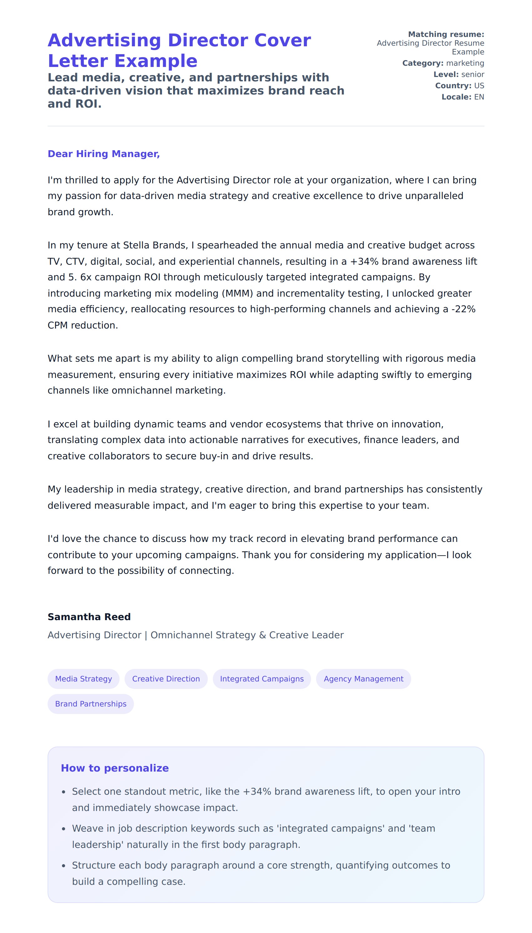 Cover Letter preview for Advertising Director Cover Letter Example