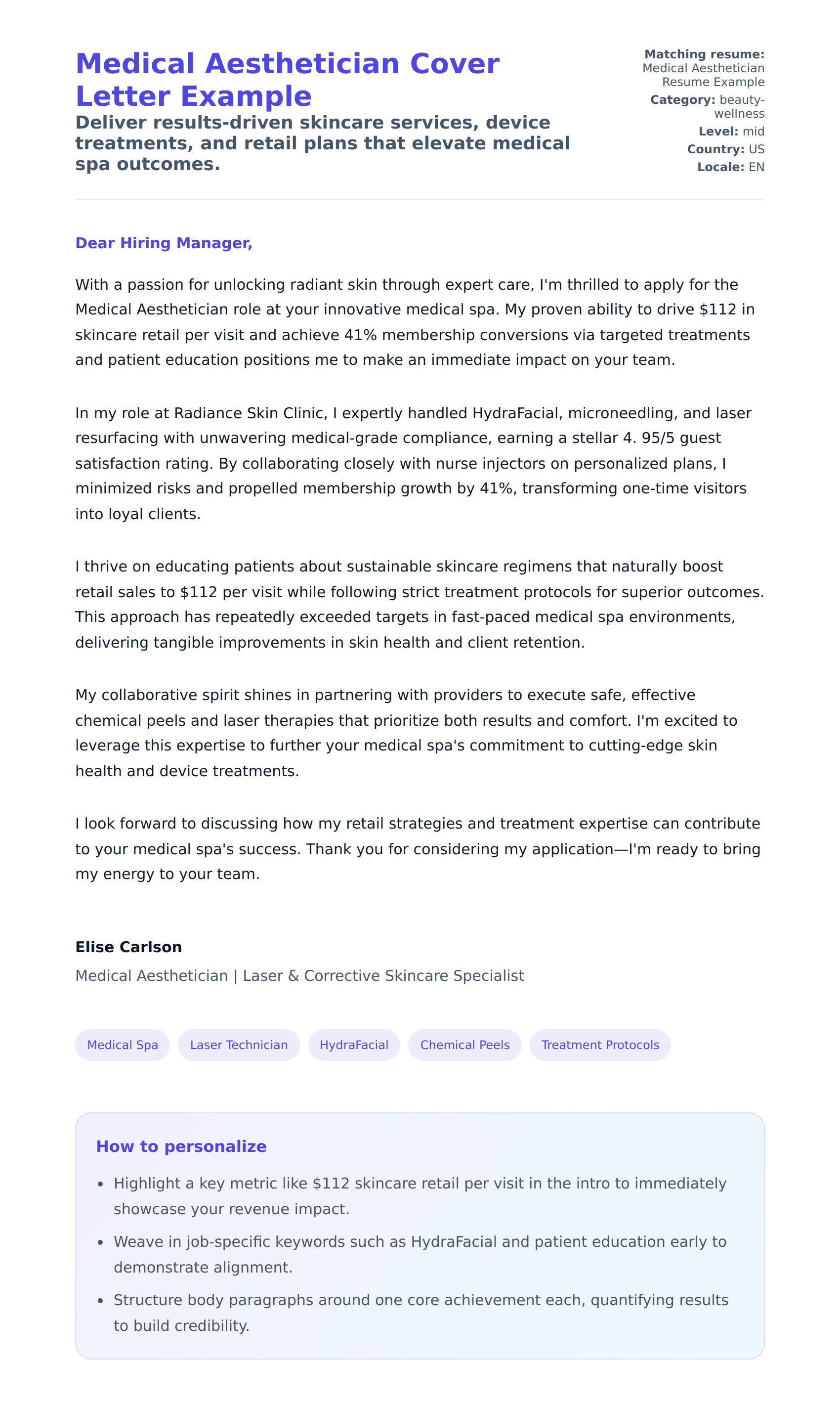 Cover Letter preview for Medical Aesthetician Cover Letter Example