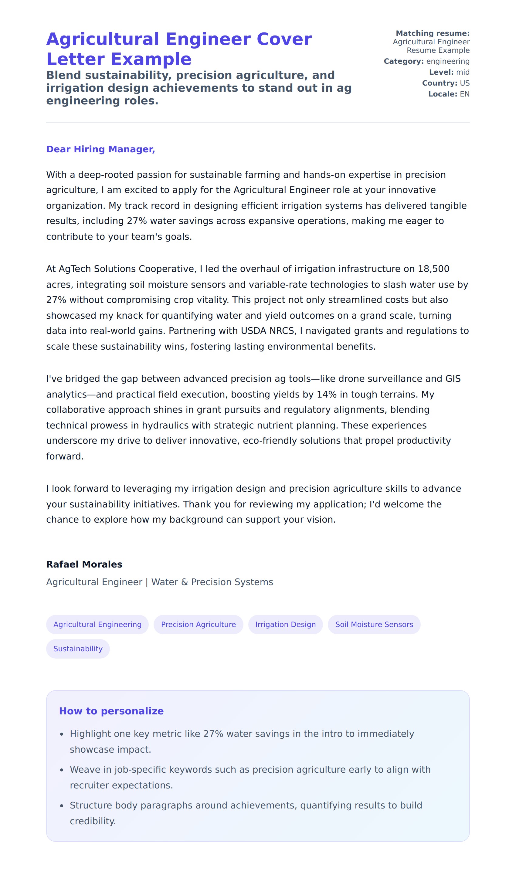 Cover Letter preview for Agricultural Engineer Cover Letter Example