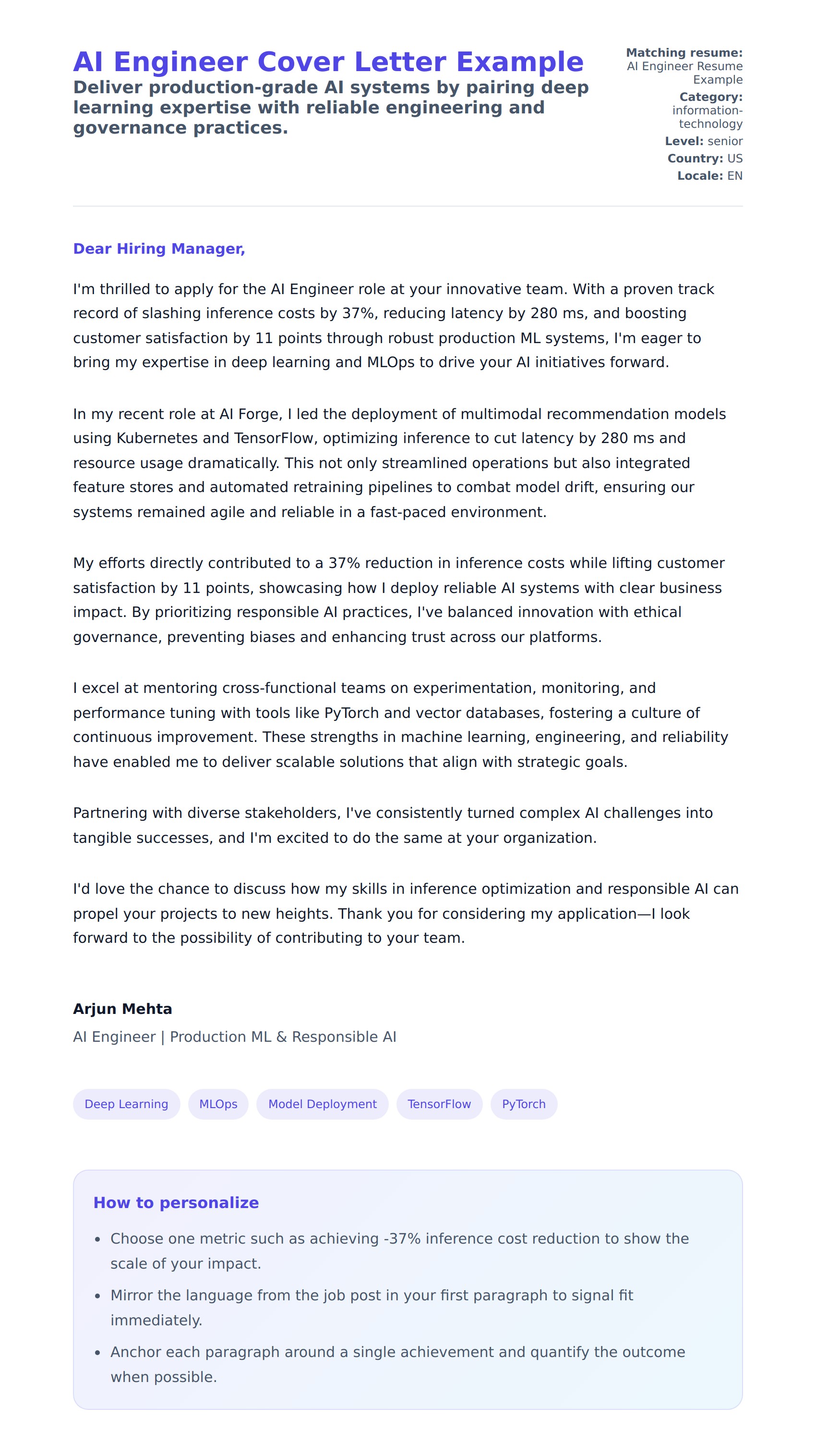 Cover Letter preview for AI Engineer Cover Letter Example