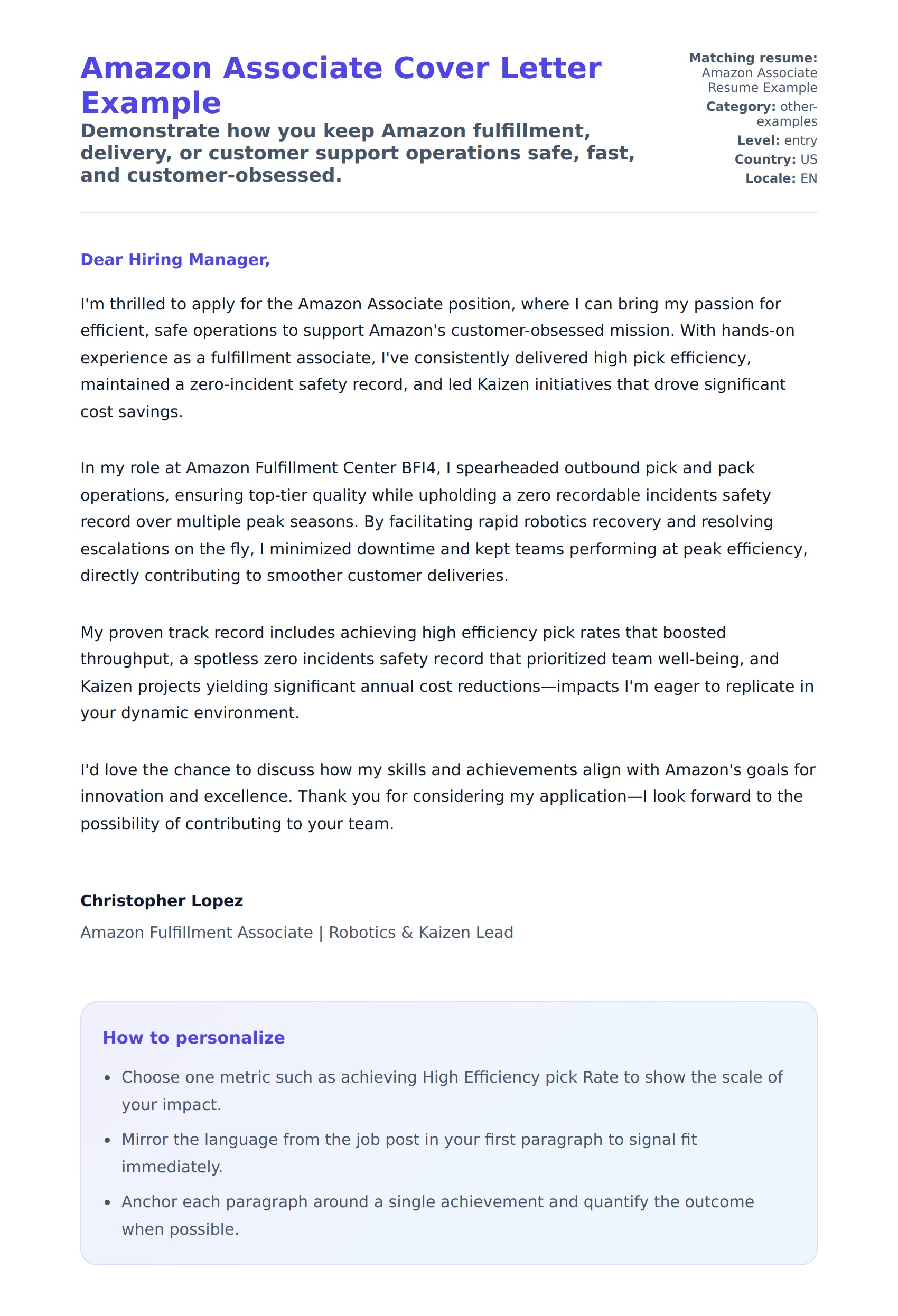 Cover Letter preview for Amazon Associate Cover Letter Example