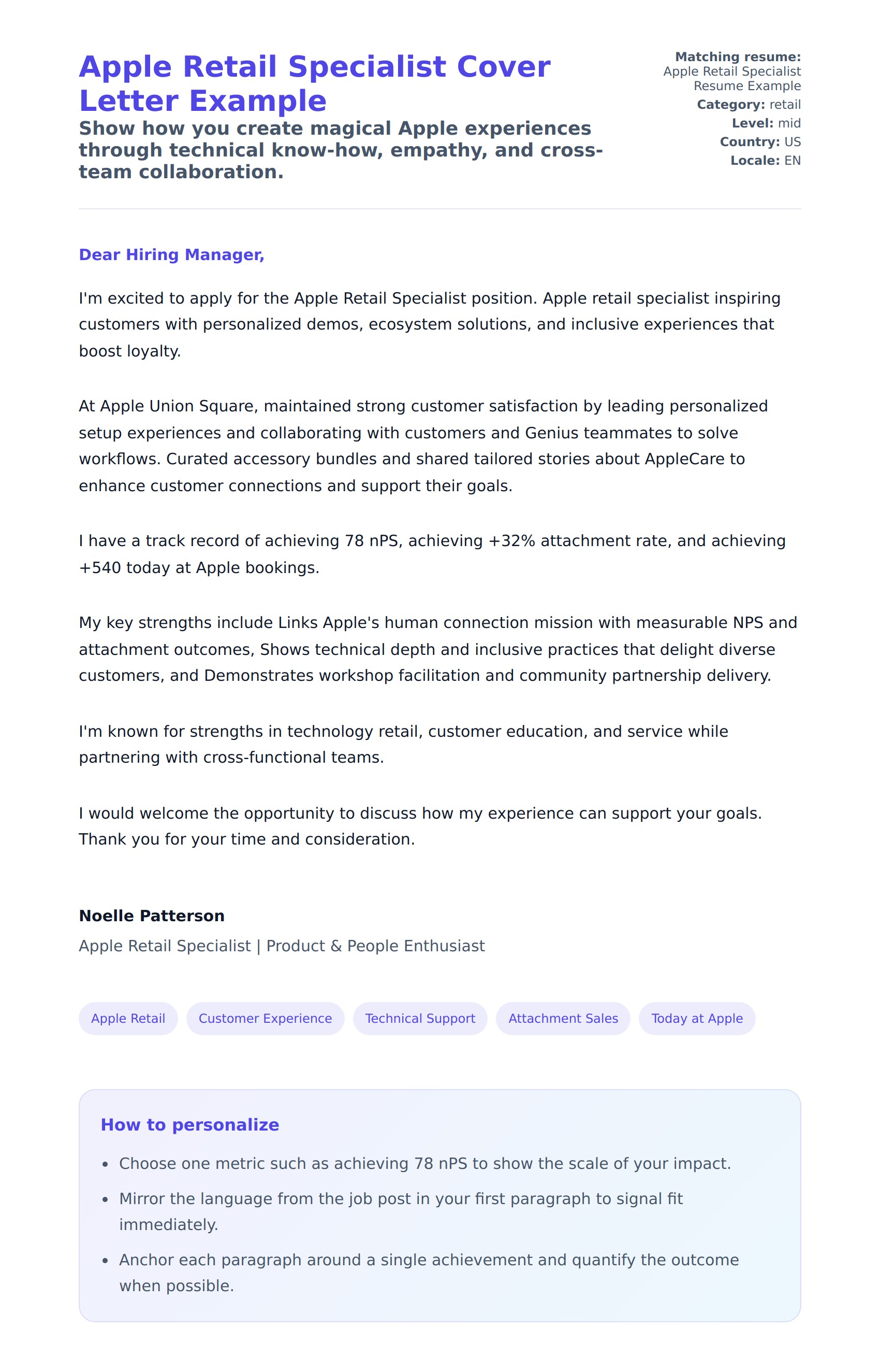 Cover Letter preview for Apple Retail Specialist Cover Letter Example