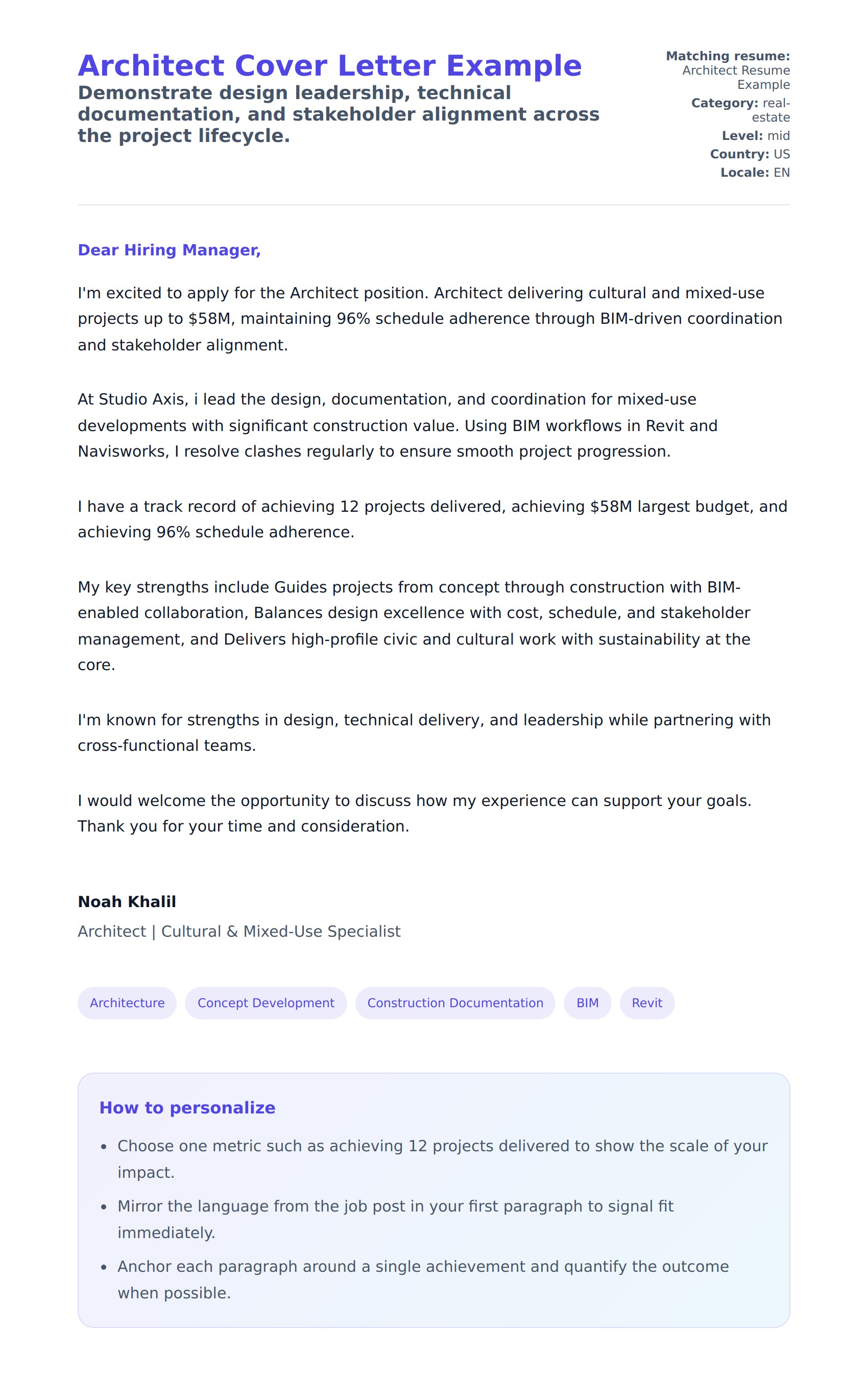 Cover Letter preview for Architect Cover Letter Example