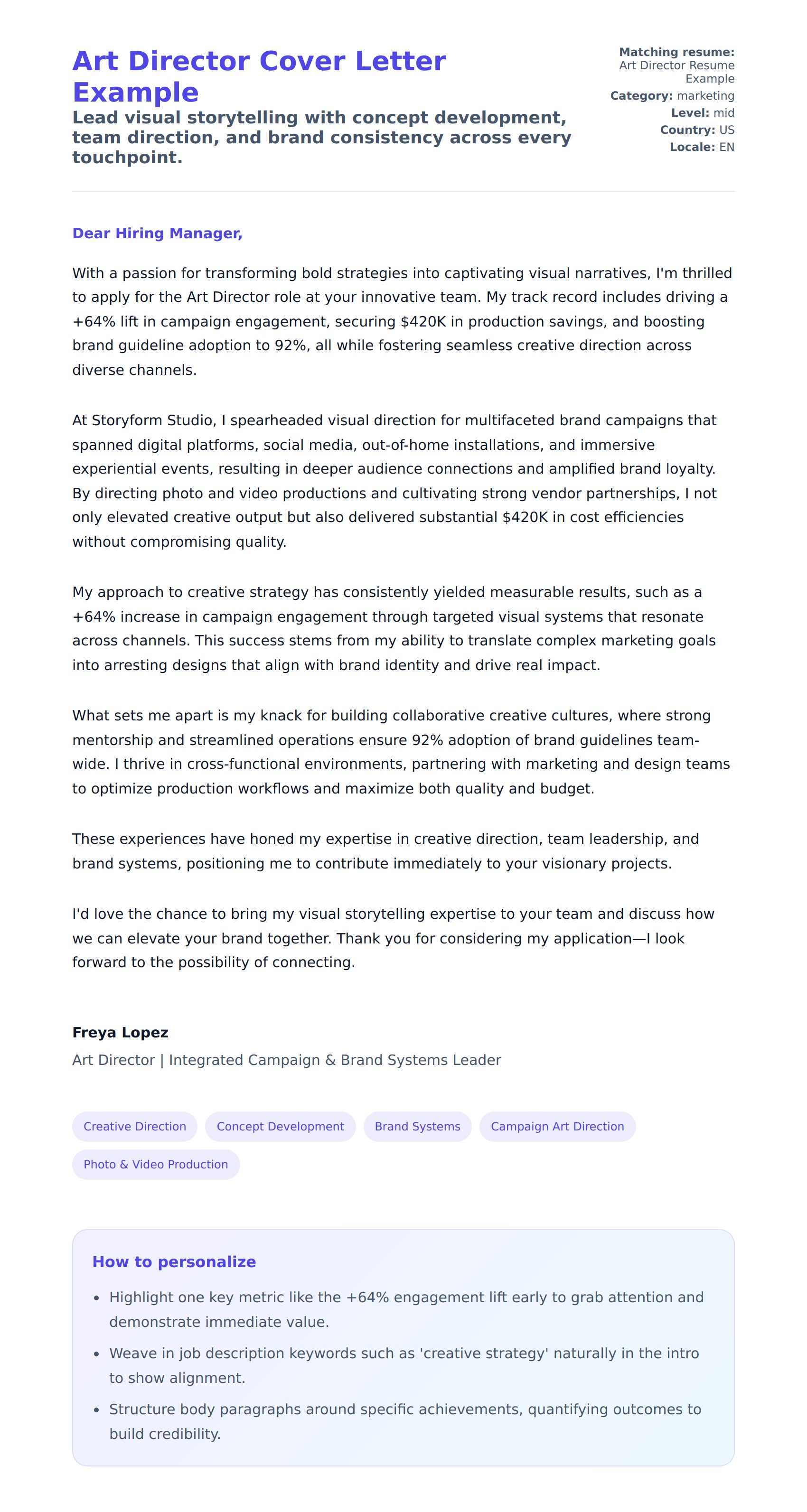 Cover Letter preview for Art Director Cover Letter Example