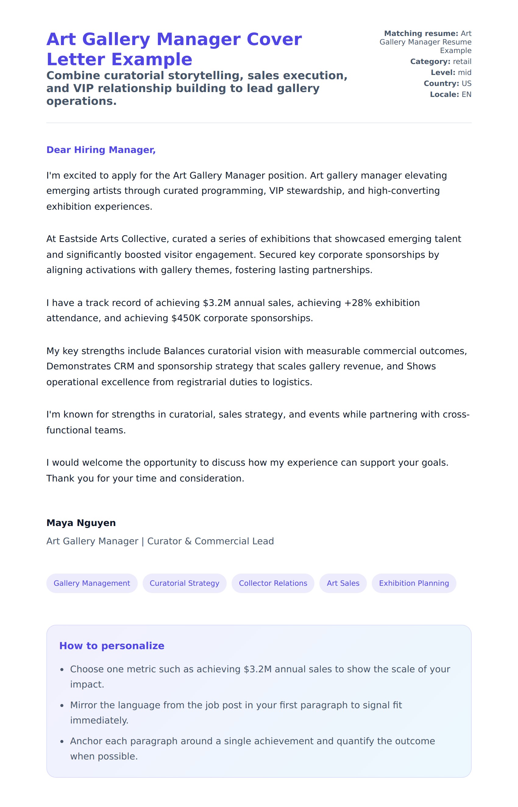 Cover Letter preview for Art Gallery Manager Cover Letter Example