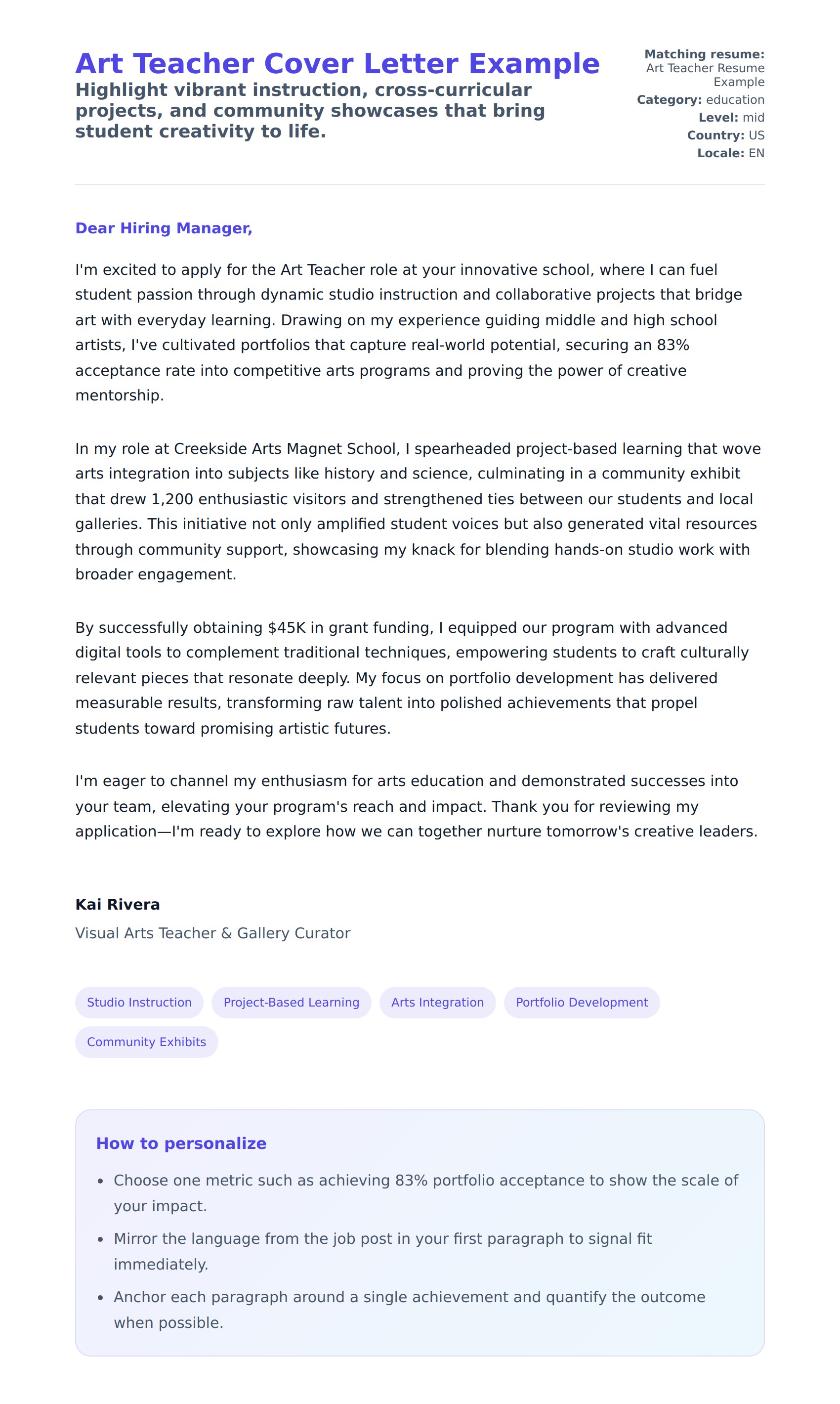 Cover Letter preview for Art Teacher Cover Letter Example