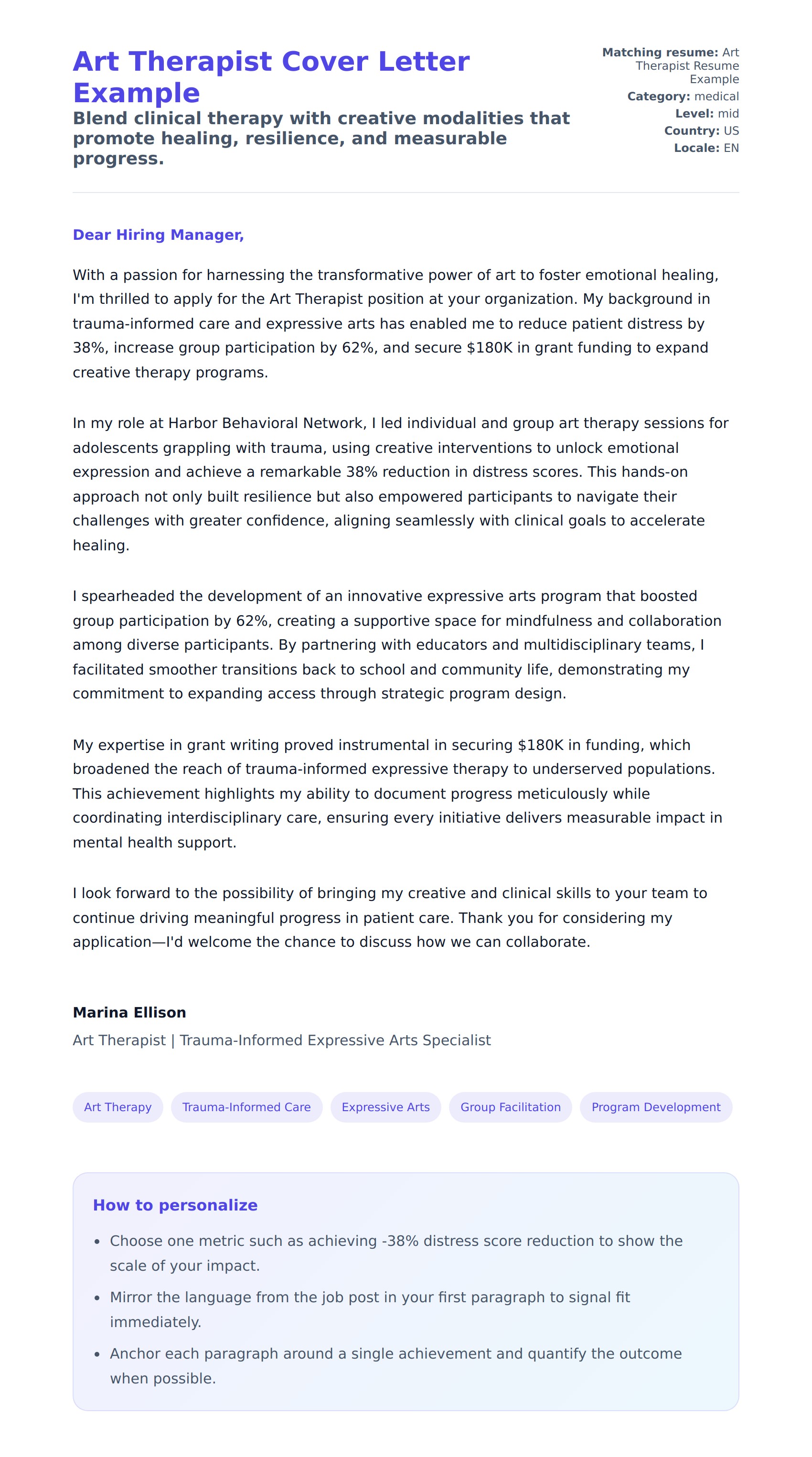 Cover Letter preview for Art Therapist Cover Letter Example