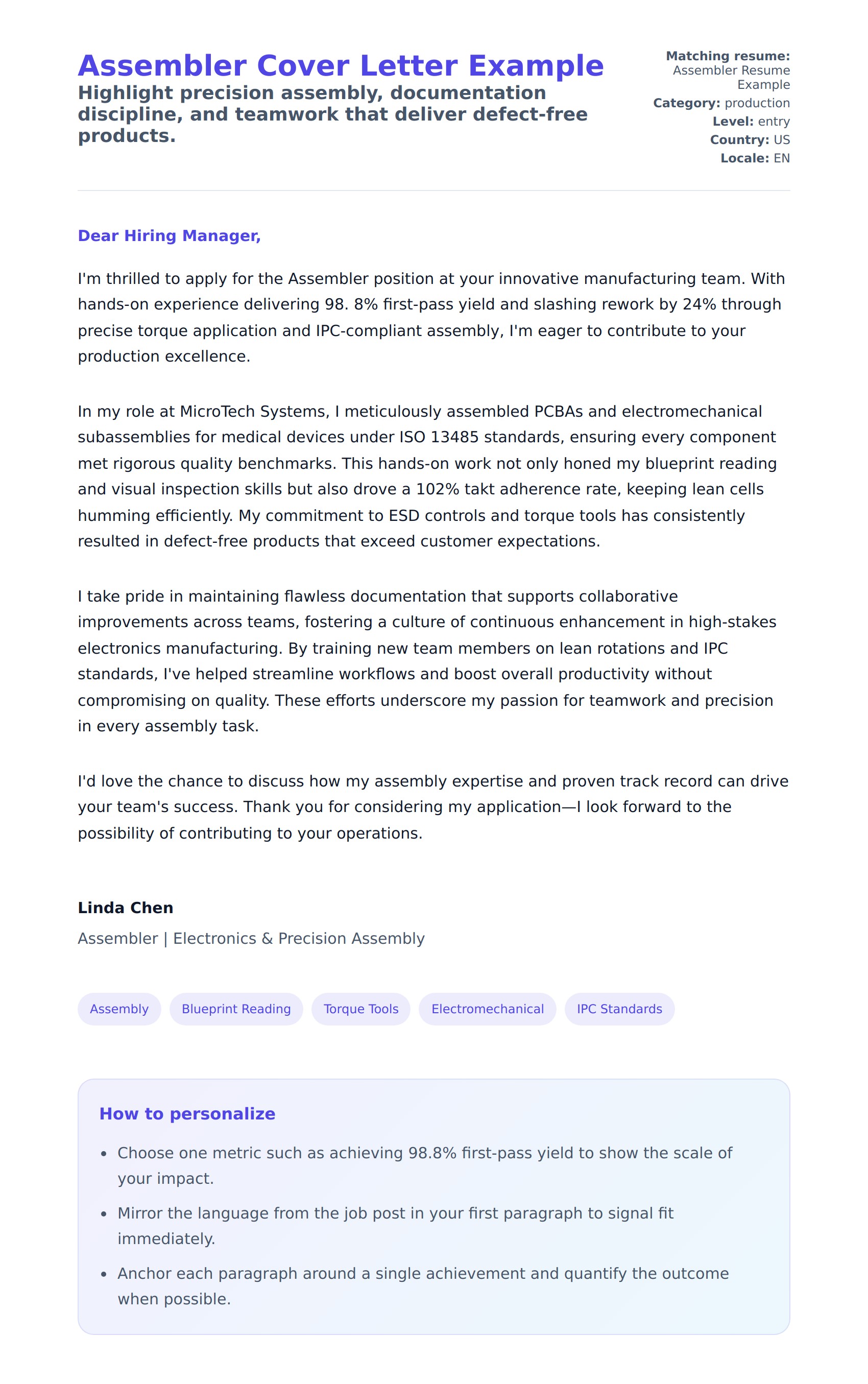 Cover Letter preview for Assembler Cover Letter Example