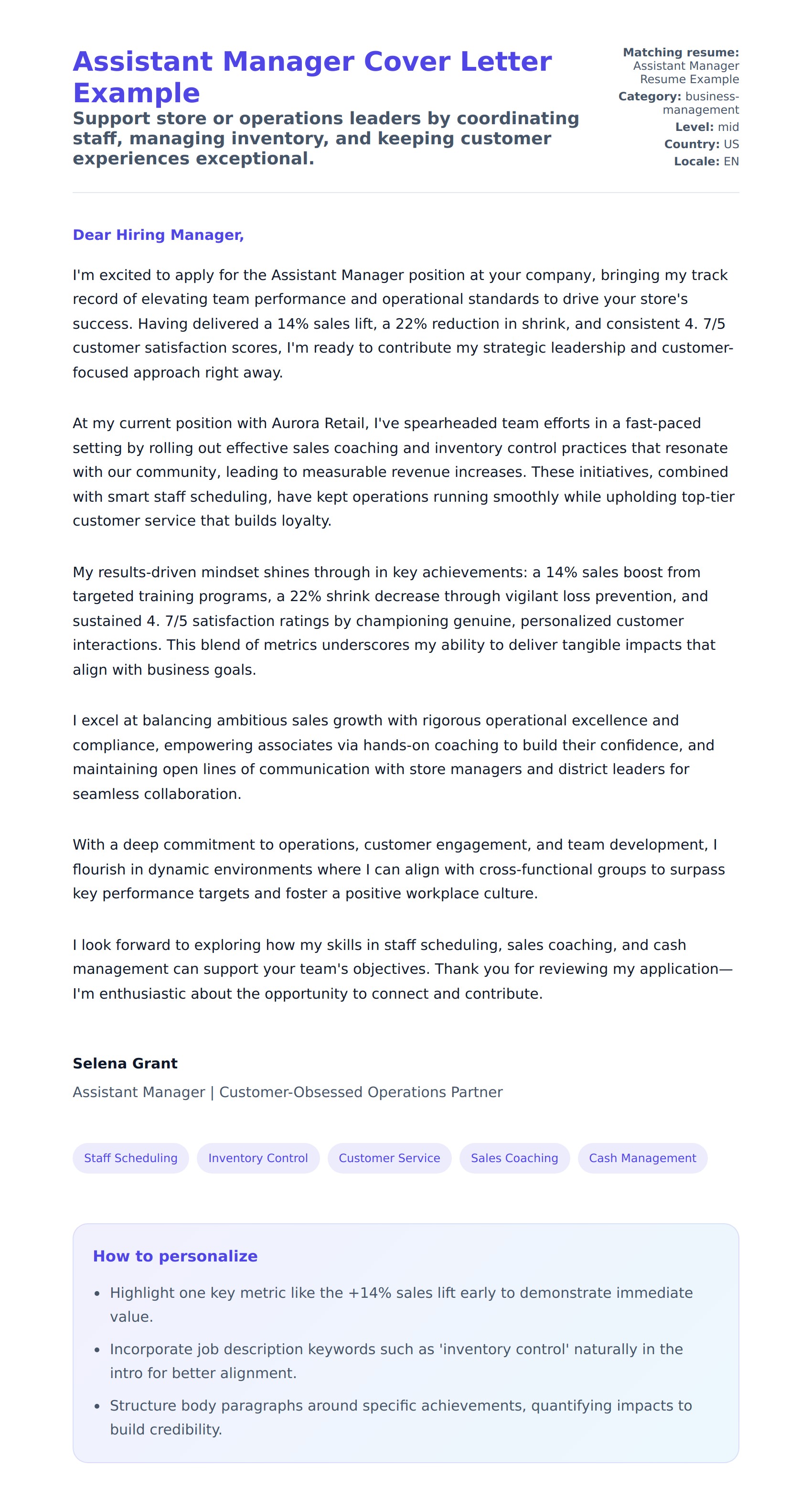 Cover Letter preview for Assistant Manager Cover Letter Example