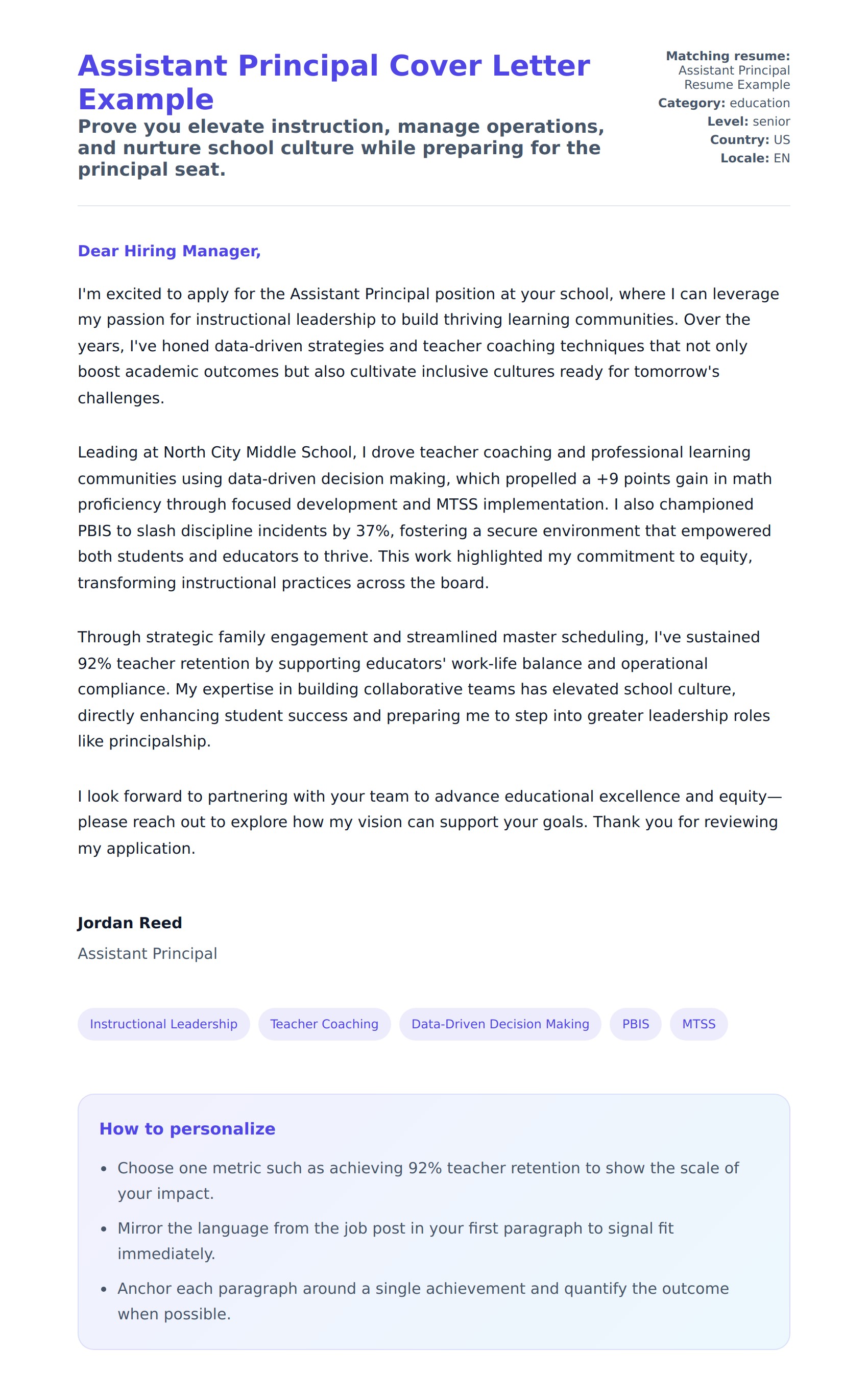 Cover Letter preview for Assistant Principal Cover Letter Example
