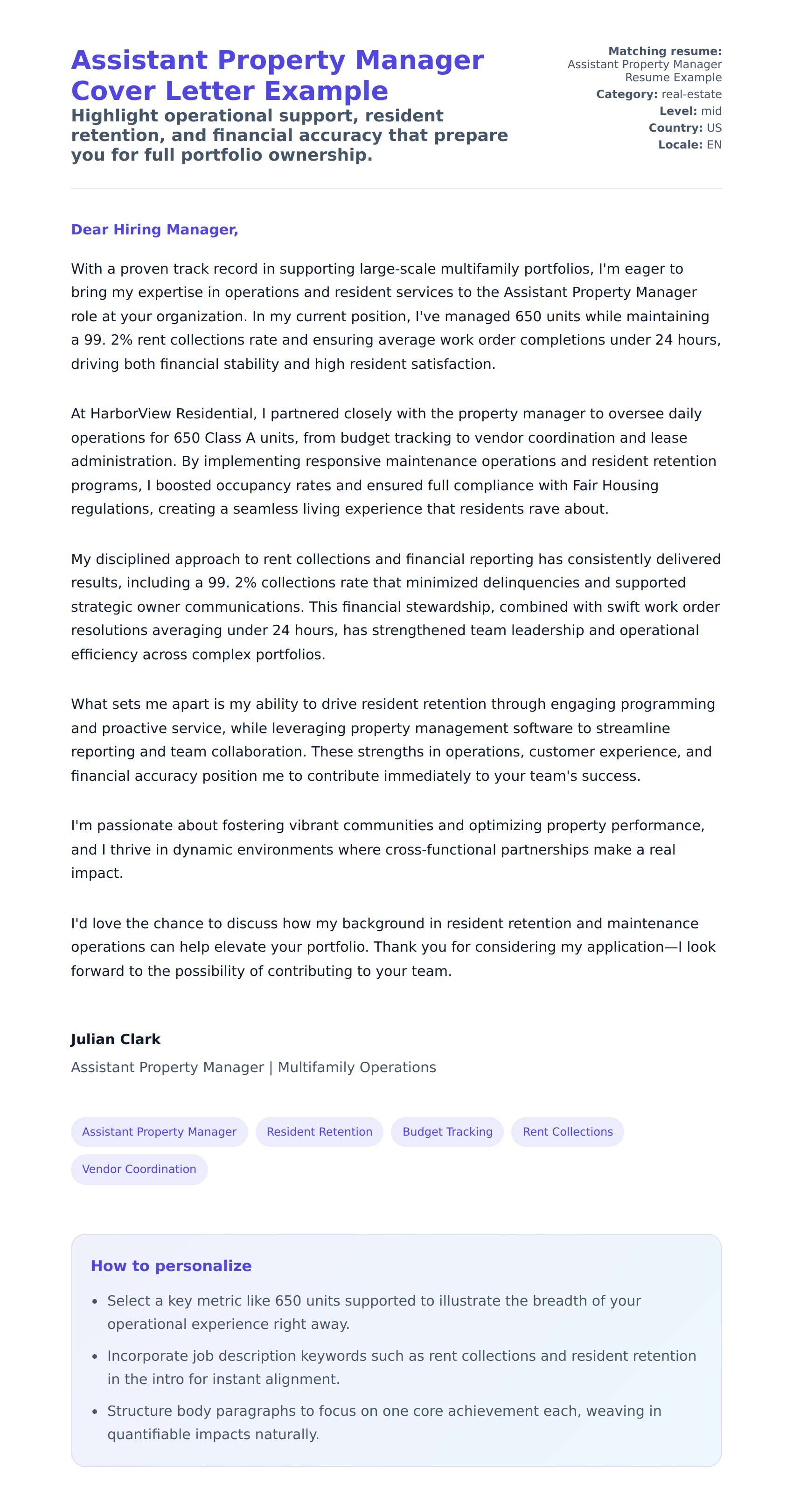 Cover Letter preview for Assistant Property Manager Cover Letter Example