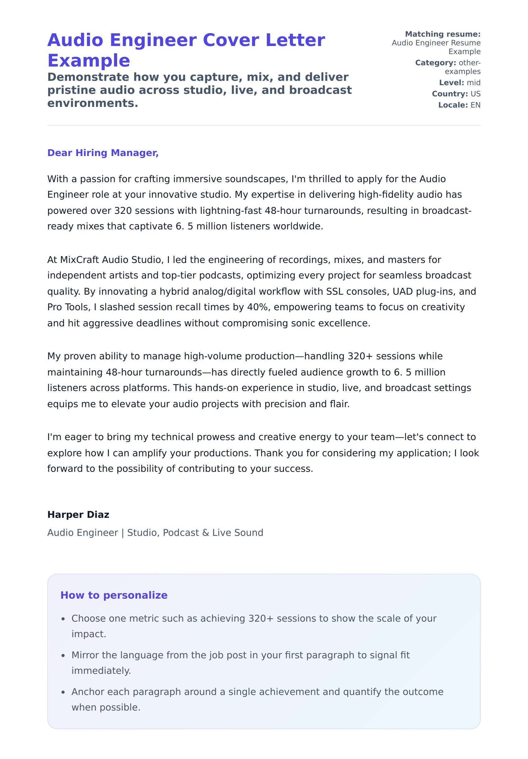 Cover Letter preview for Audio Engineer Cover Letter Example