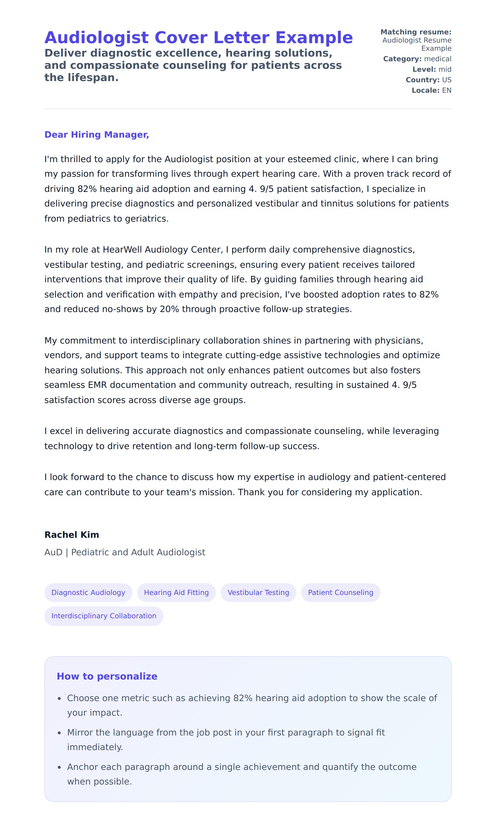 Cover Letter preview for Audiologist Cover Letter Example