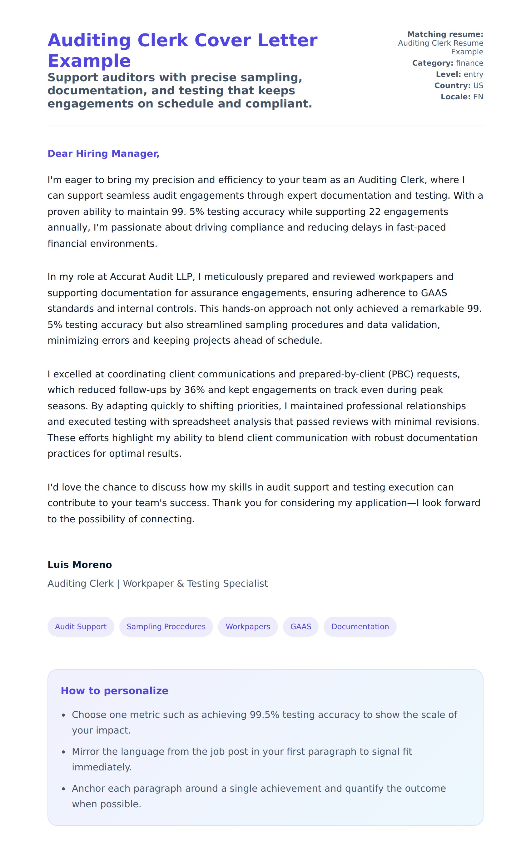 Cover Letter preview for Auditing Clerk Cover Letter Example