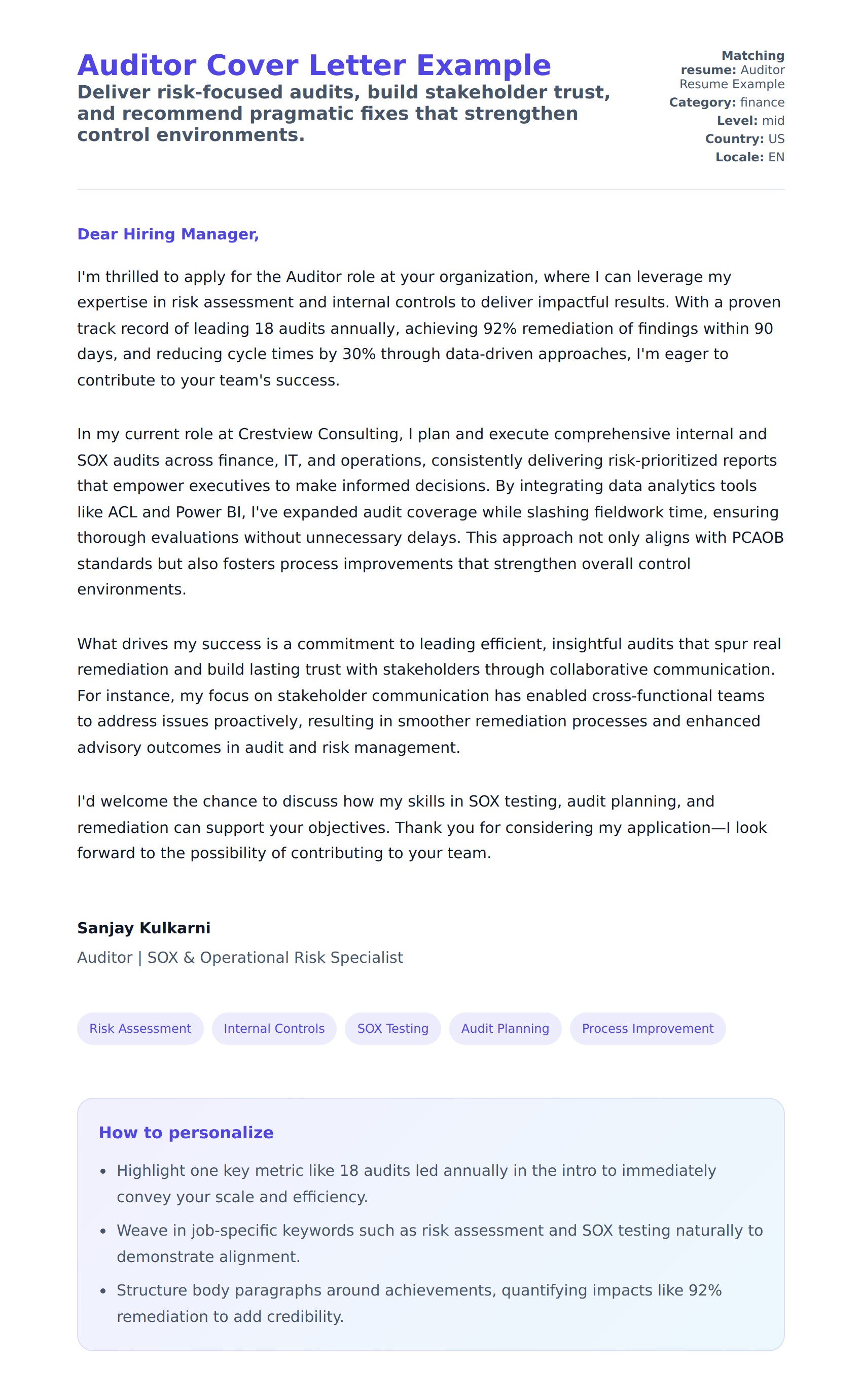 Cover Letter preview for Auditor Cover Letter Example