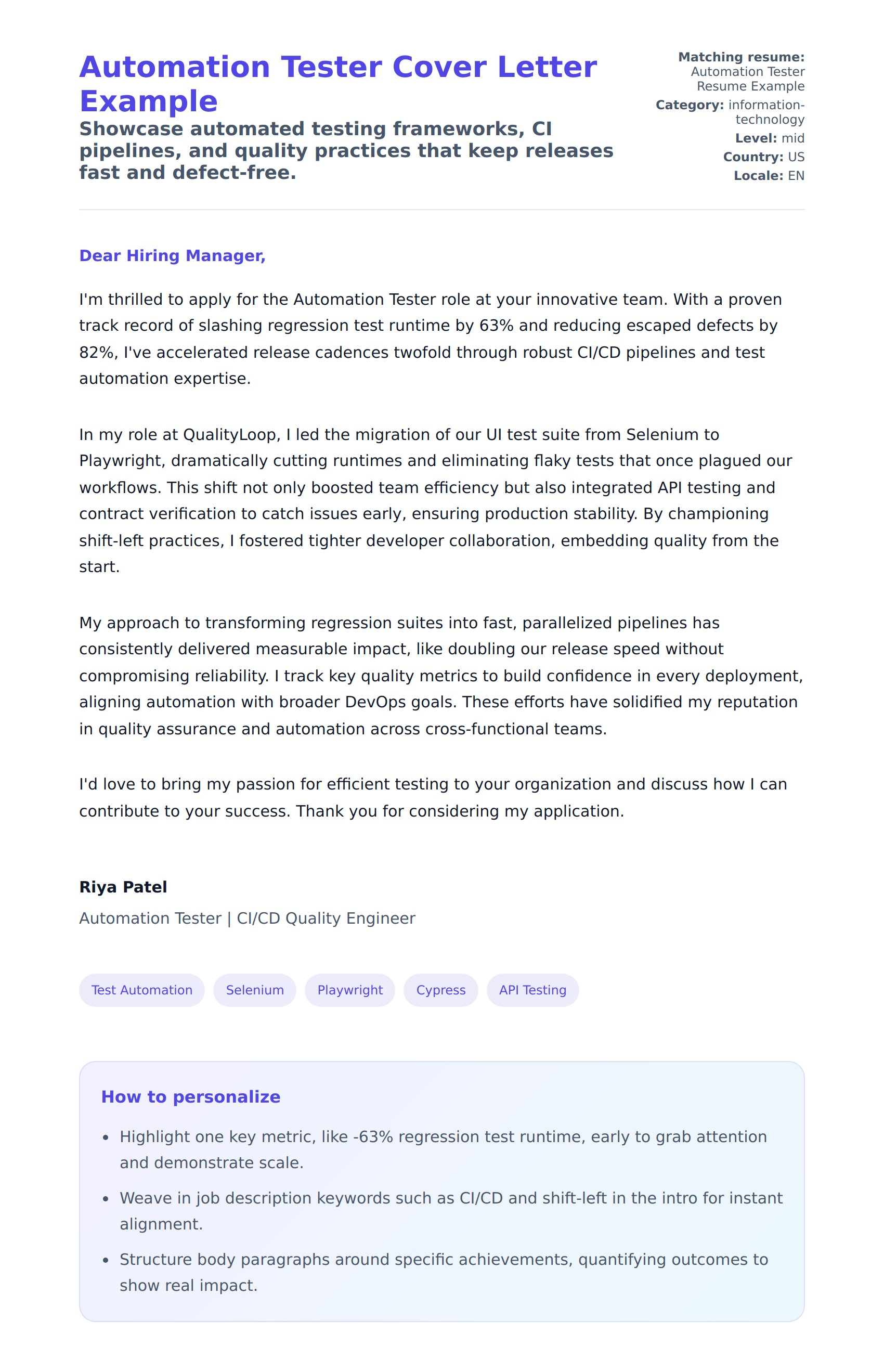 Cover Letter preview for Automation Tester Cover Letter Example