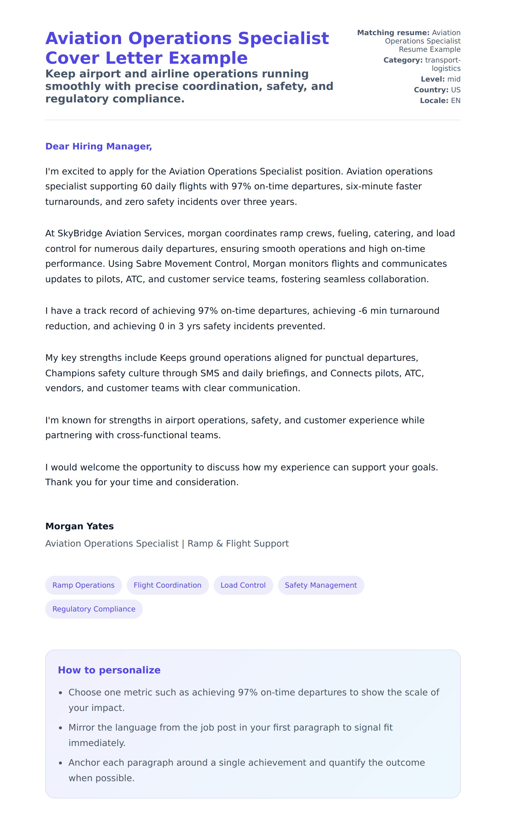 Cover Letter preview for Aviation Operations Specialist Cover Letter Example