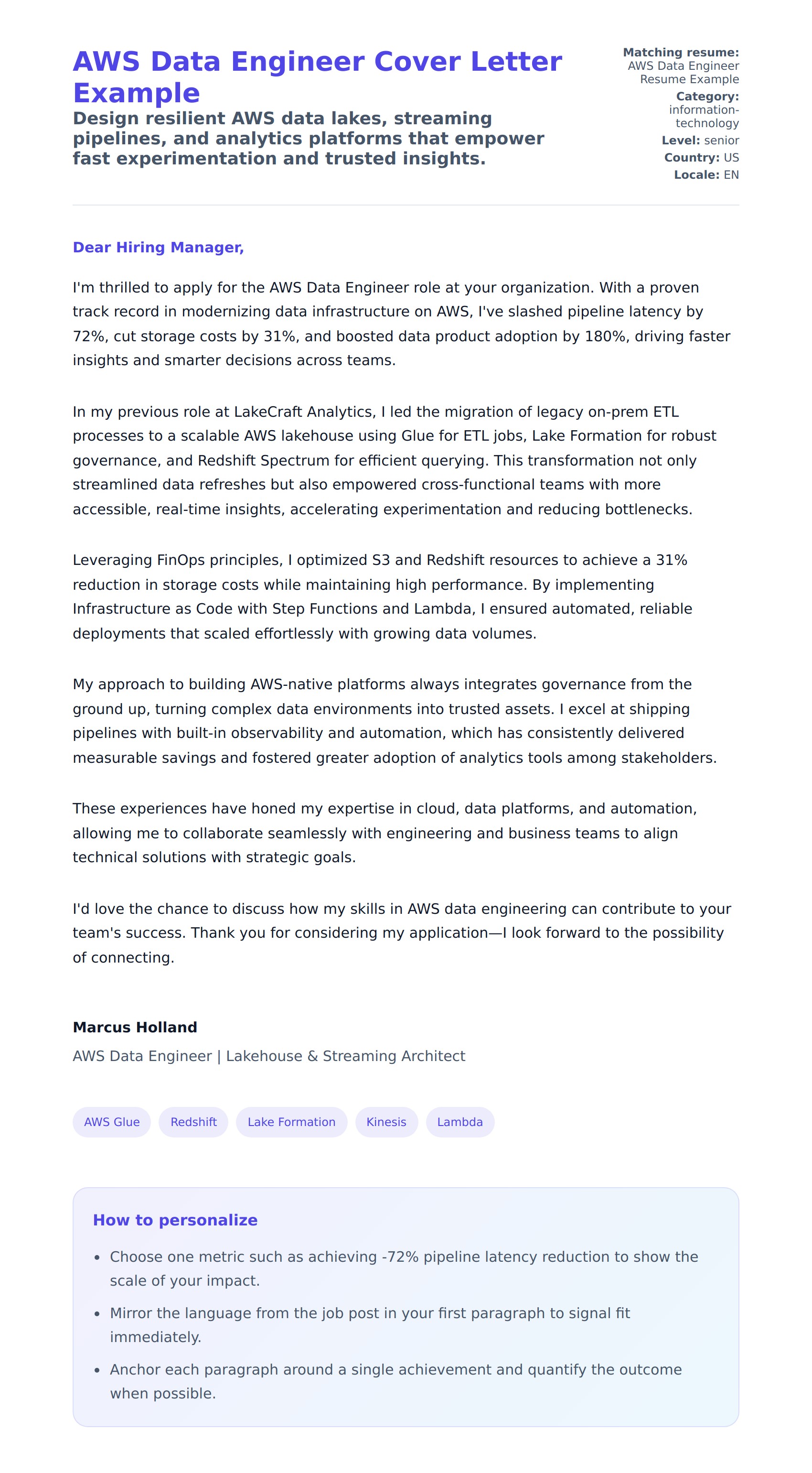 Cover Letter preview for AWS Data Engineer Cover Letter Example