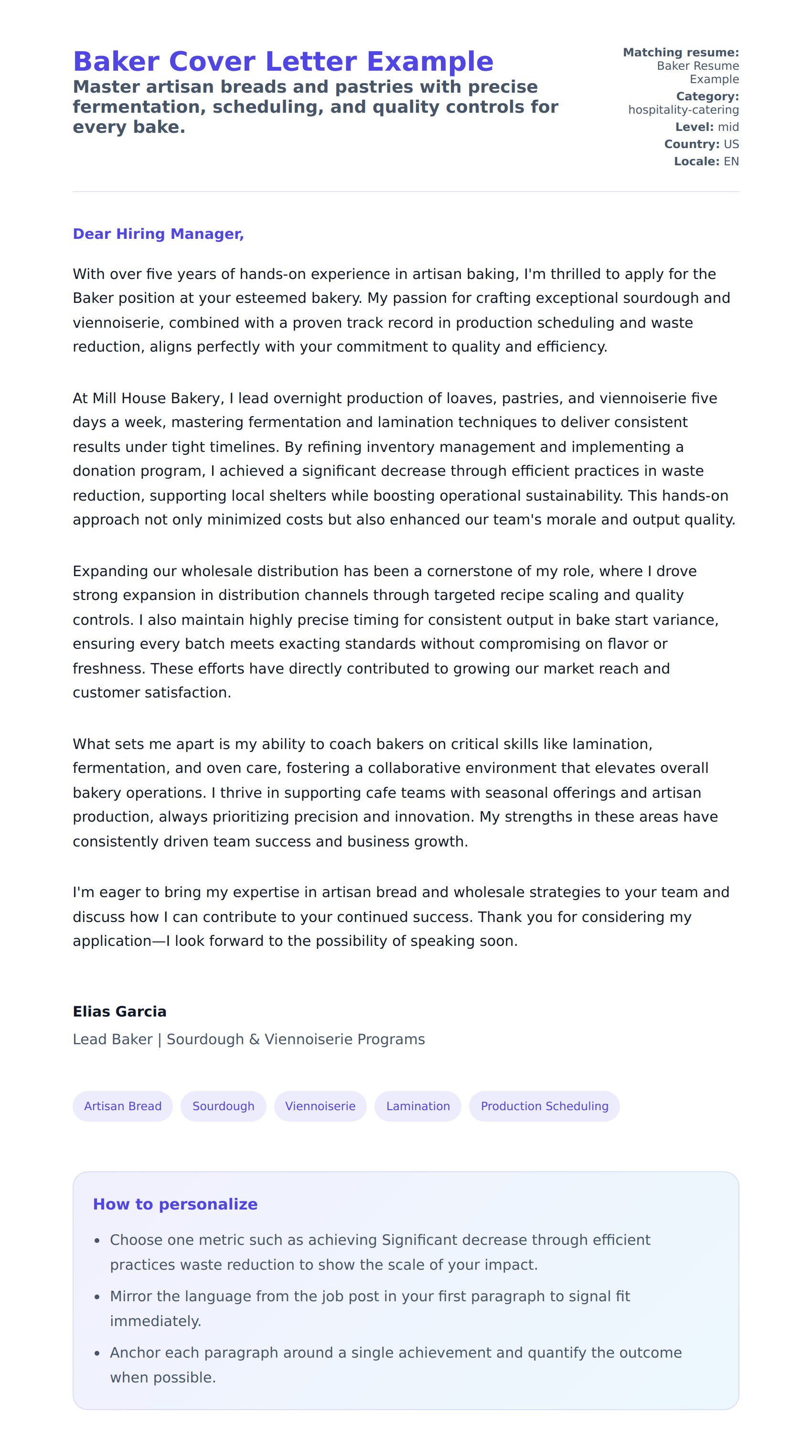 Cover Letter preview for Baker Cover Letter Example