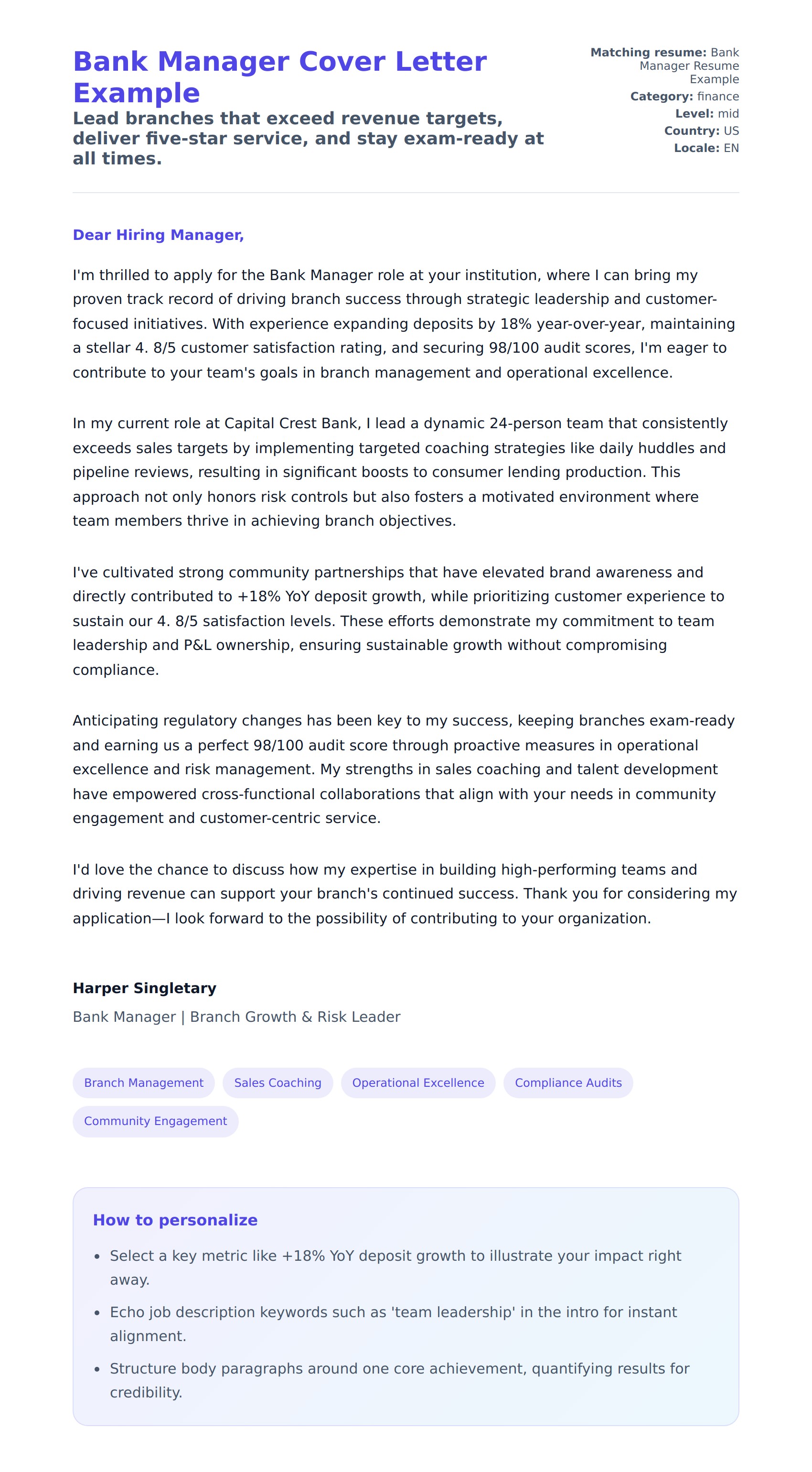 Cover Letter preview for Bank Manager Cover Letter Example
