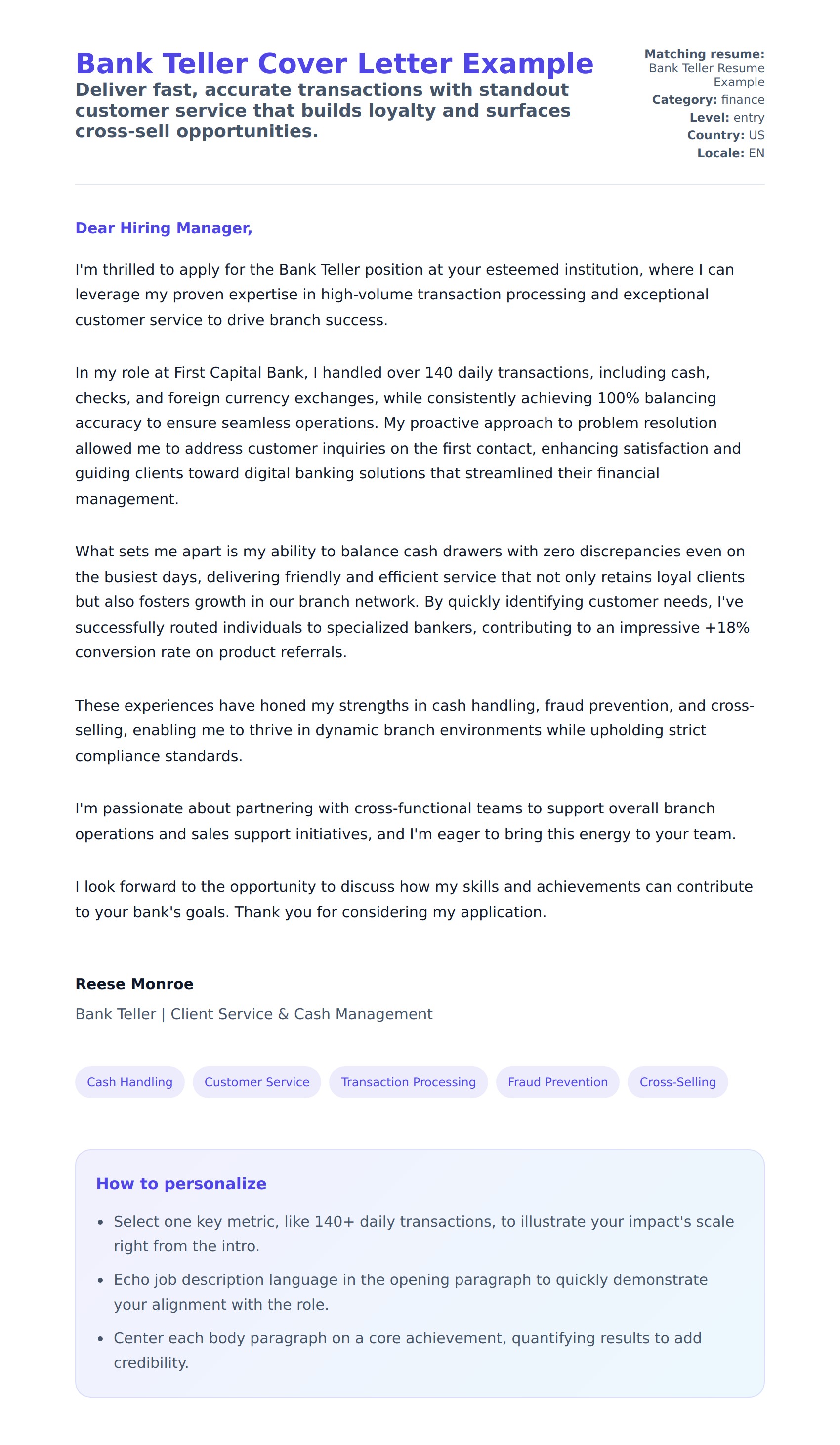 Cover Letter preview for Bank Teller Cover Letter Example