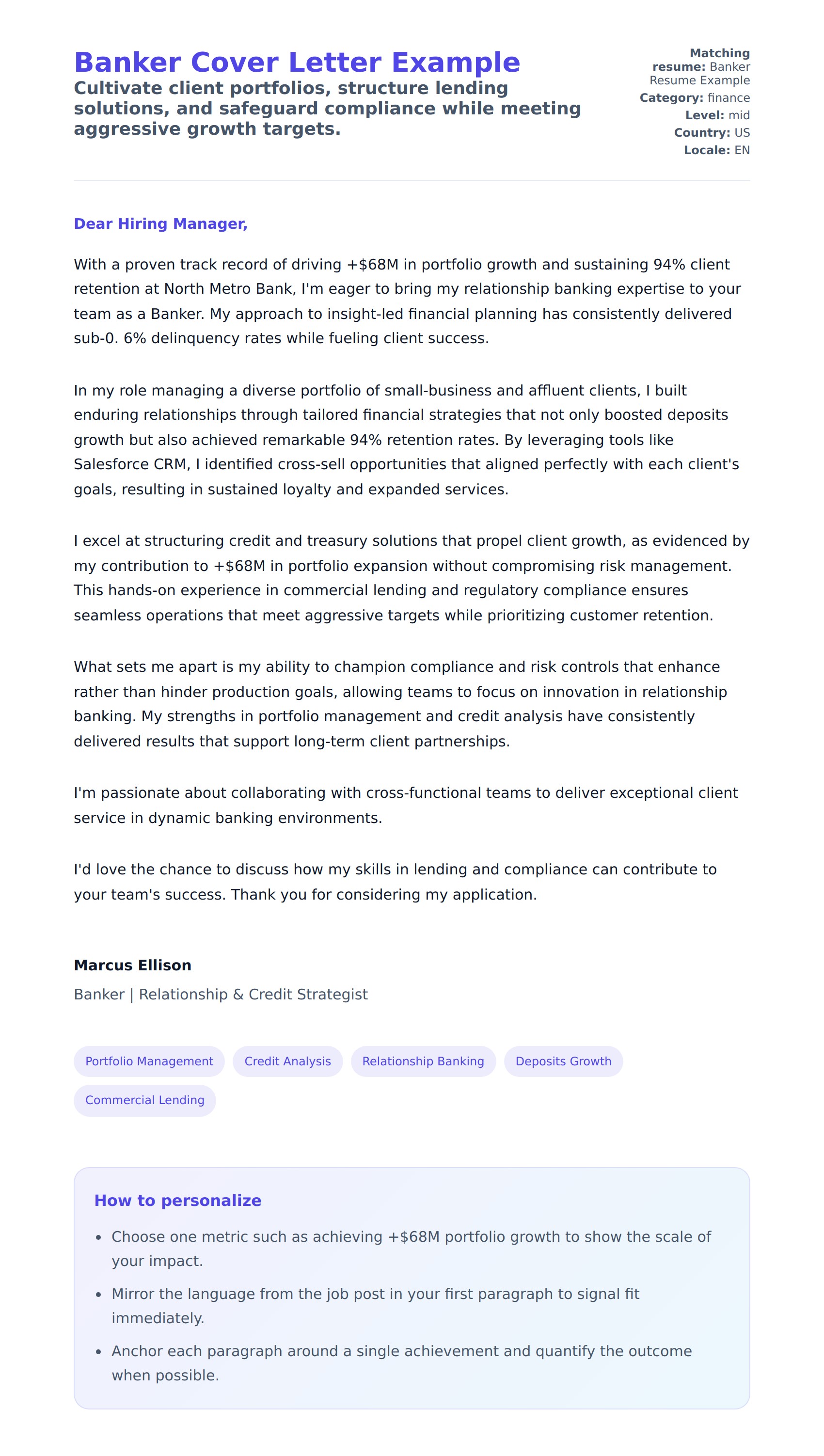 Cover Letter preview for Banker Cover Letter Example